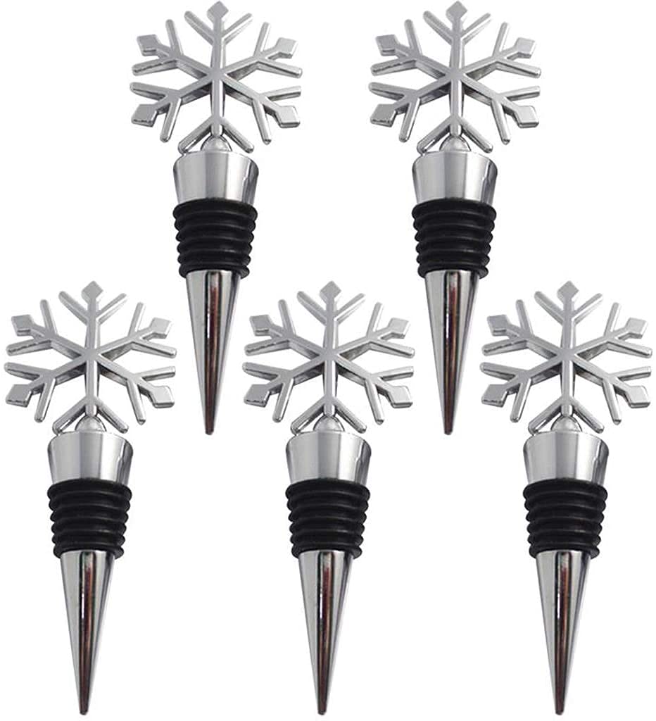 Premium Metal Wine Bottle Stoppers Set of 5 - Christmas Snowflake Design, Reusable Vacuum Sealed Wine Cork for Champagne & Sparkling Wine - Perfect for Holiday Gifts, Dinner Parties & Wine Storage