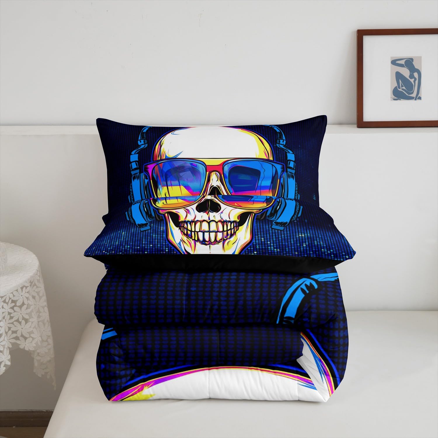 Erosebridal Punk Rock Skull Comforter Set - Gothic Music Theme Bedding for Teens & Boys, Black & Blue Queen Size Duvet Cover | Perfect for Rock Music Lovers' Bedroom Decor & Alternative Fashion Style