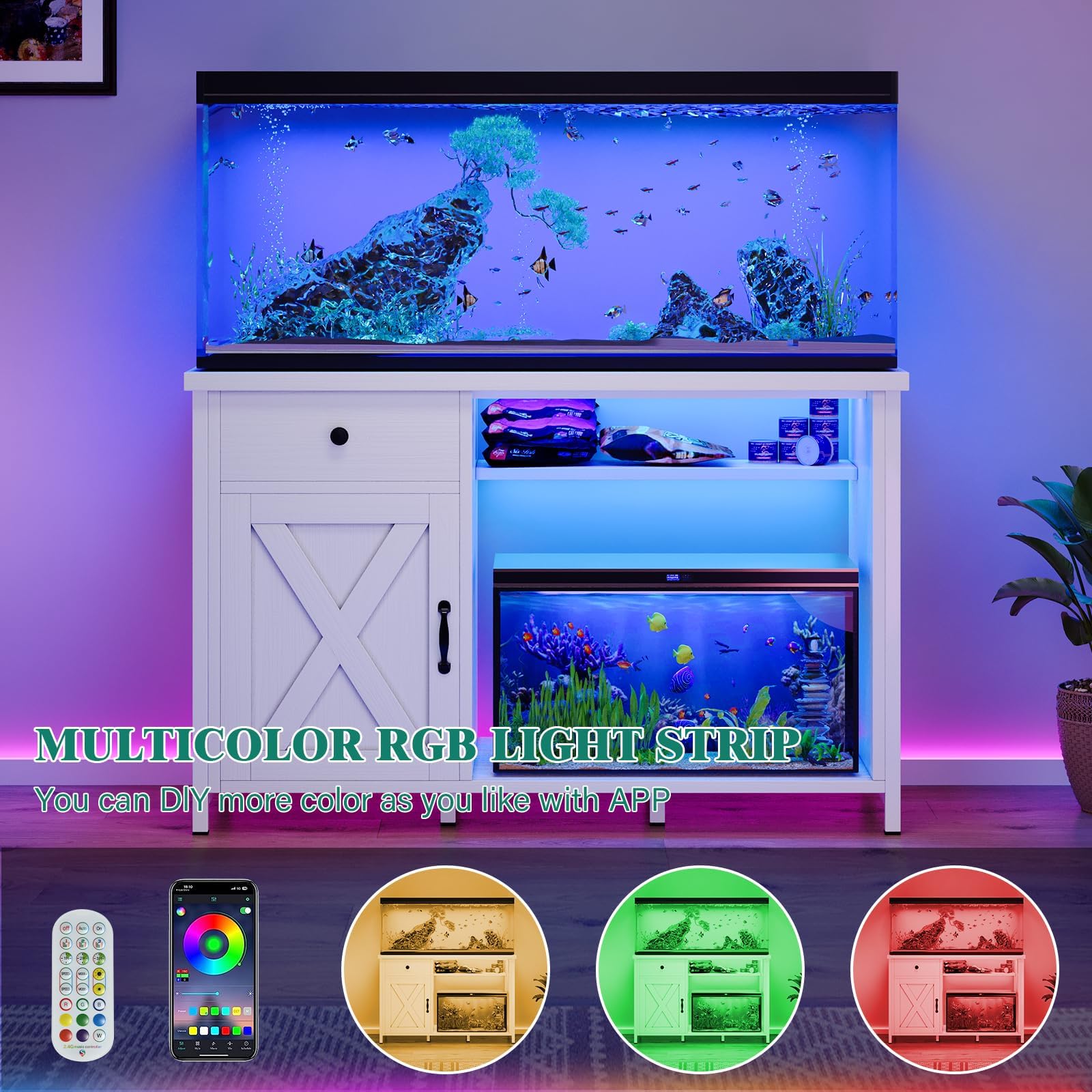 55-75 Gallon Aquarium Stand with Power Outlets & LED Light - Heavy Duty Metal Fish Tank Stand with Storage Drawer & Barn Door - Perfect for Turtle/Reptile Terrariums & Fish Tank Accessories - Ideal for Home, Office or Pet Store Display (White)