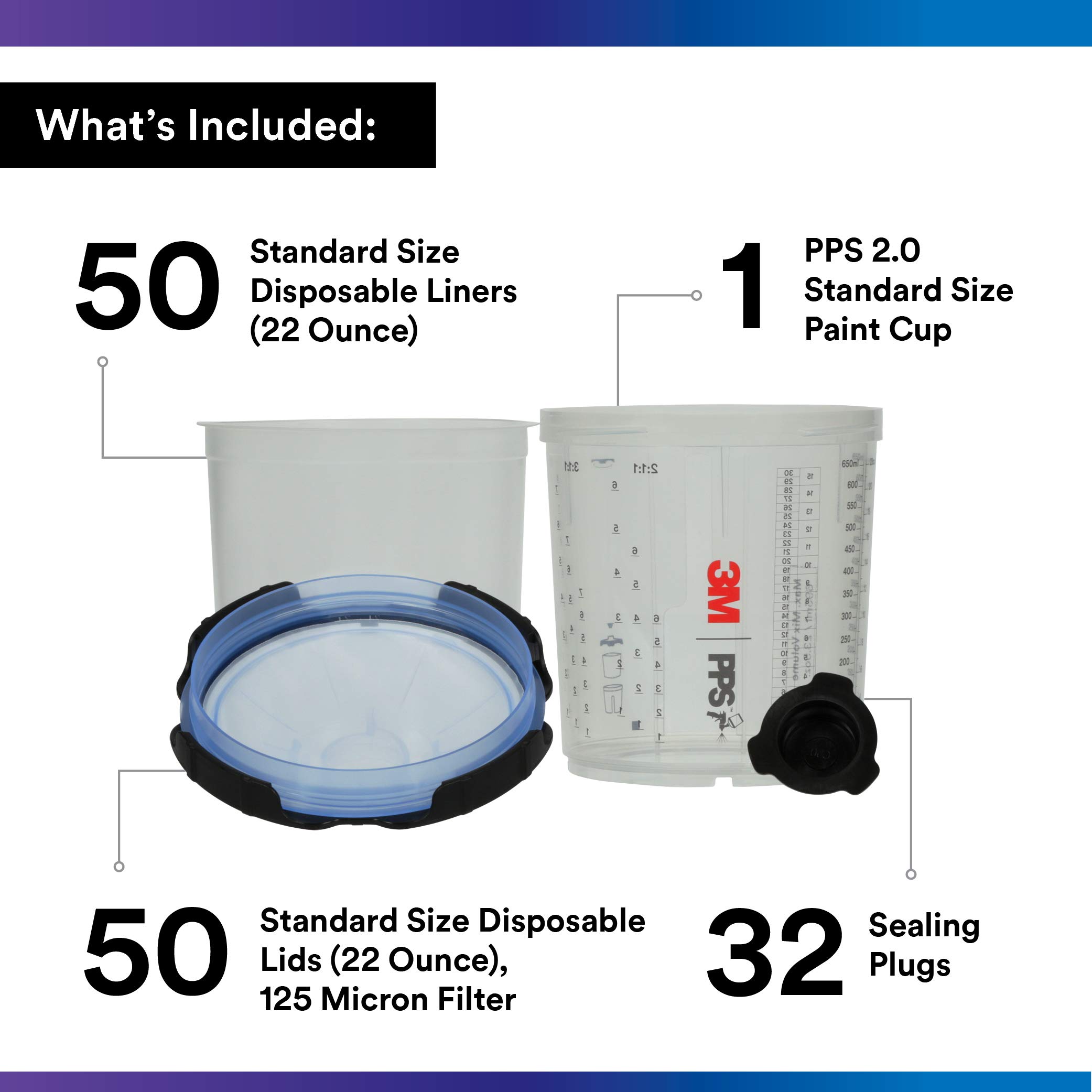3M PPS 2.0 Spray Gun Cup System Kit - 22oz Paint Cup with 50 Disposable Lids & Liners, 125-Micron Filter & 32 Sealing Plugs (26301) - Professional Automotive, Furniture & Home Painting Accessories for Smooth Spray Finishing