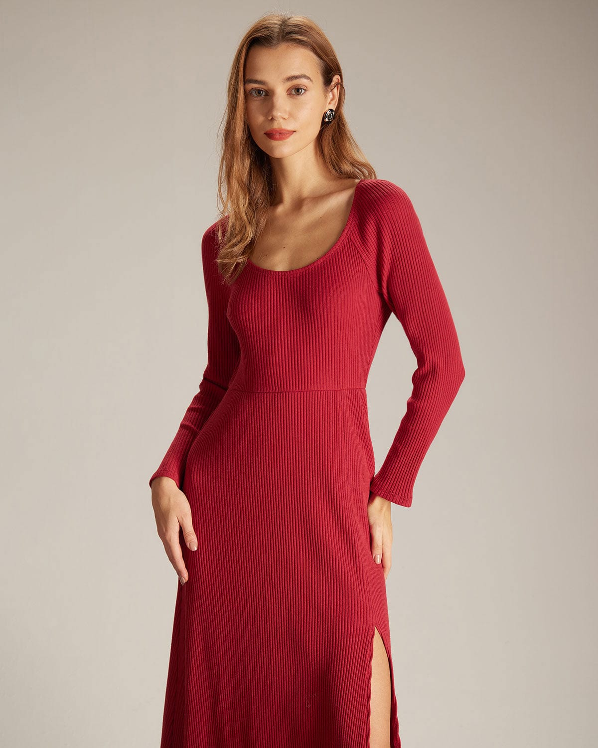 Elegant Red Ribbed Side Split A-Line Maxi Dress for Women - Perfect for Weddings, Parties & Summer Vacations
