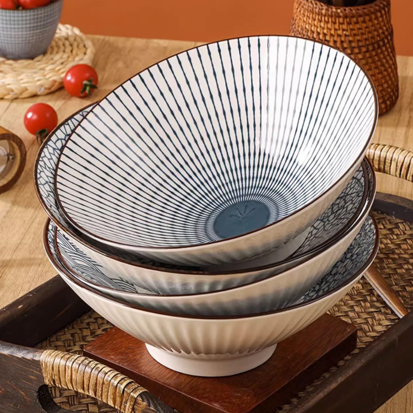 8 Inch Ceramic Salad Bowls Set - Large Trumpet Hat Bowls for Noodles, Soup & Kitchen Tableware | Heat-Resistant, Durable & Stylish for Home, Restaurant & Daily Use