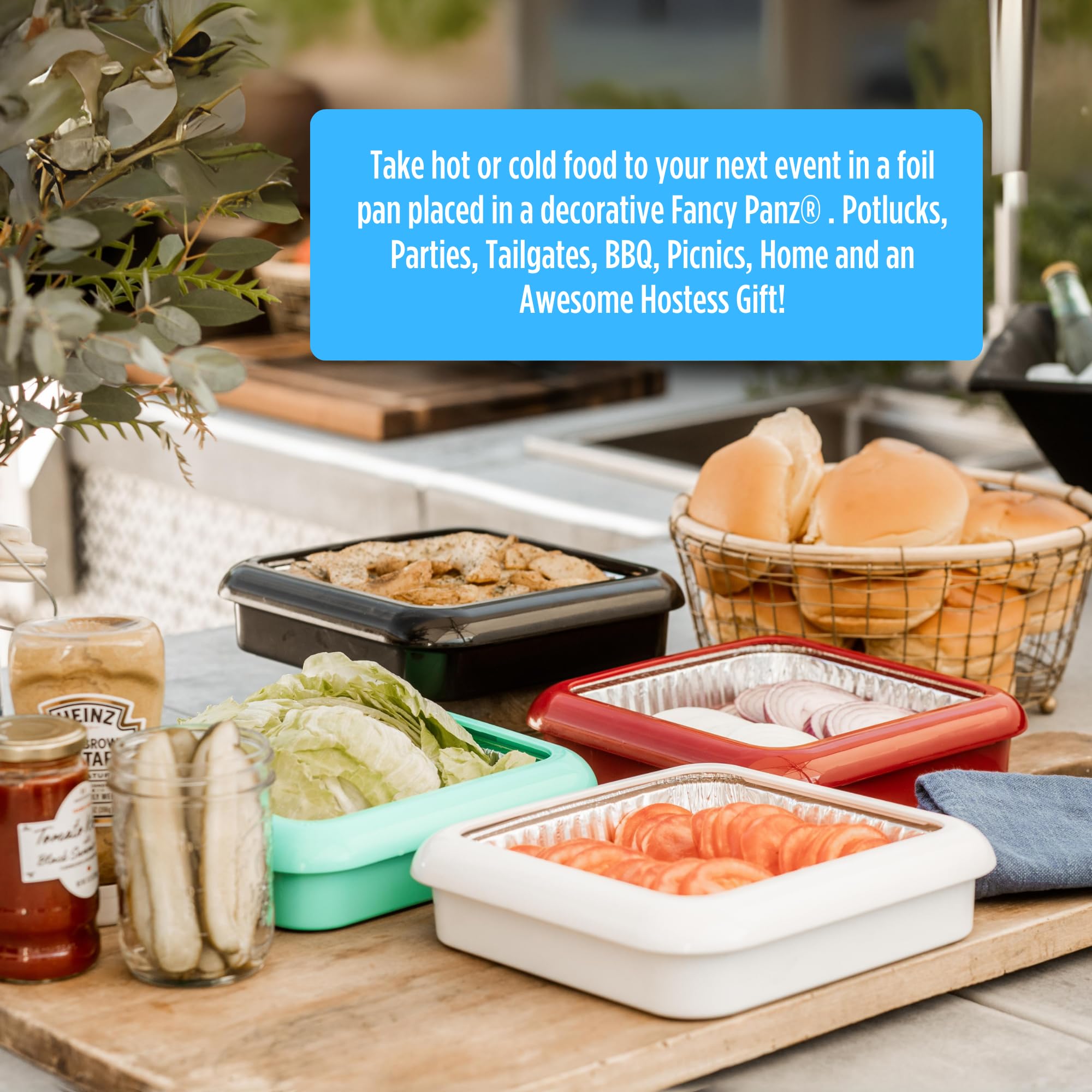 Premium 8x8 Stackable Aluminum Serving Tray with Foil Pan Carrier | Made in USA | Denim Blue Food Tray for Travel, Picnics & Potlucks | Includes Disposable Foil Pan & Serving Spoon