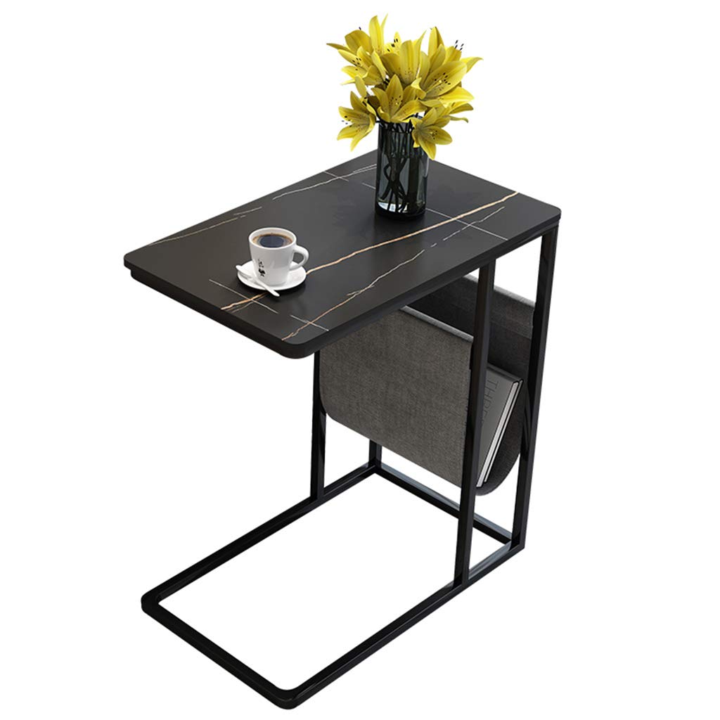 C-Shaped Side Table with Storage Bag - Slide Under Sofa or Bed - 51x31x64cm Black Sintered Stone Laptop Desk & Snack Table - Perfect for Living Room, Bedroom, Office or Dorm Room Use