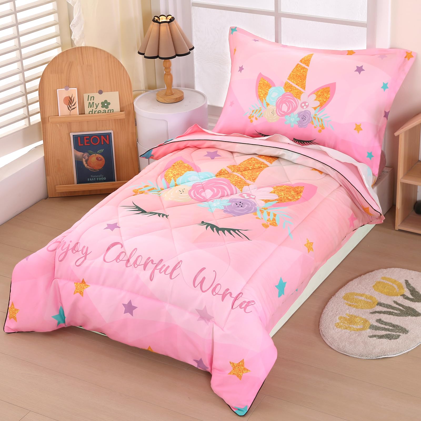 Wowelife Pink Unicorn Toddler Bedding Set - Soft Breathable 4-Piece Comforter Set with Rainbow Design for Kids Bedroom | Includes Comforter, Fitted Sheet, Flat Sheet & Pillowcase | Perfect for Nursery, Daycare or Gift