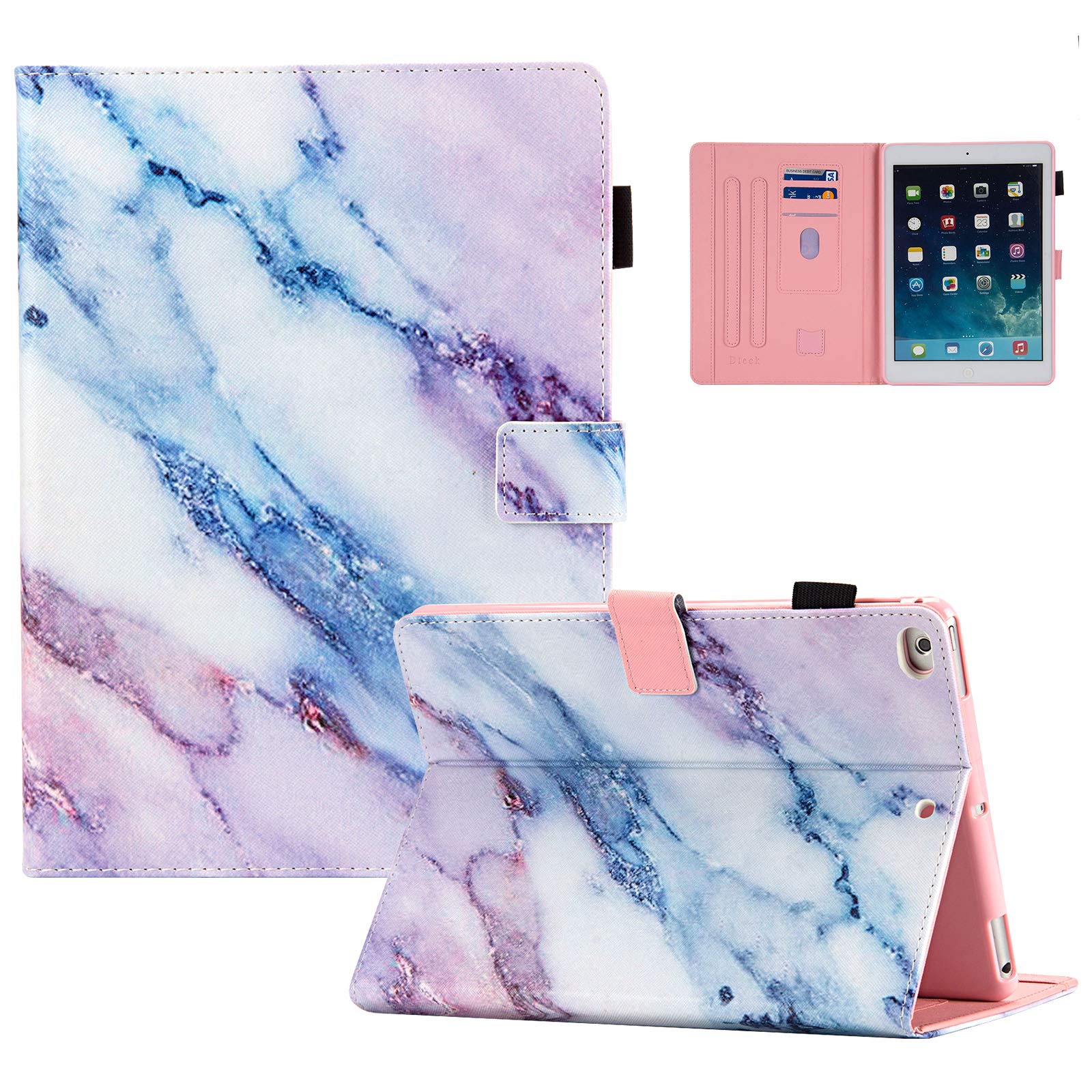Dteck PU Leather iPad Case for iPad 9.7 inch (2018/2017), iPad Air 1/2, iPad 6th/5th Gen - Auto Sleep/Wake, Multi-Angle Stand, Wallet Folio Cover (Pink Marble) - Perfect for Work, Travel & Home Use