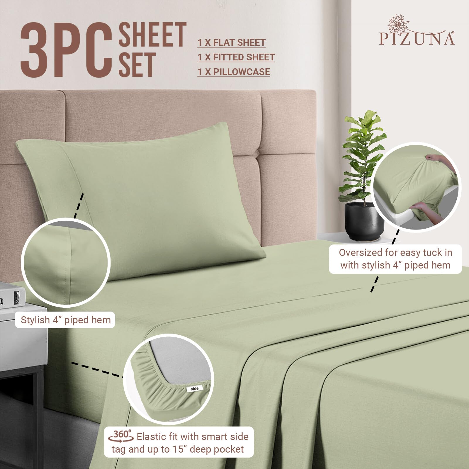 Pizuna Pure 100% Cotton Twin XL Sheets - 400 Thread Count Luxury Sateen Bedding Set with 15