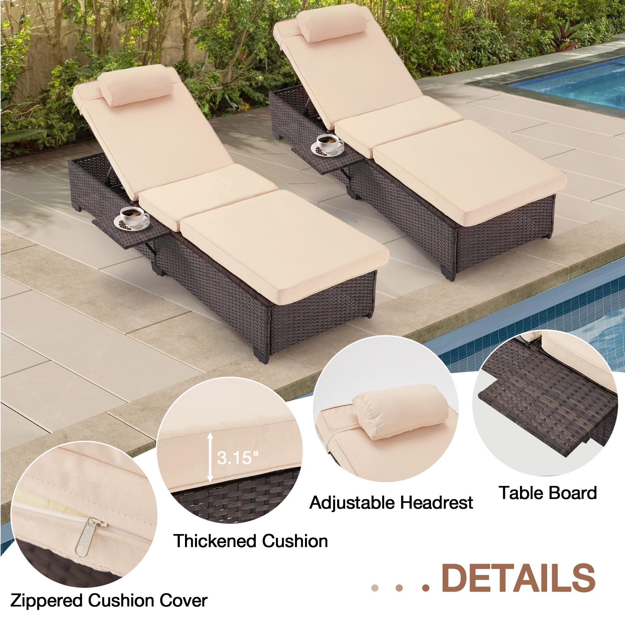 HOMREST 2-Piece PE Wicker Patio Lounge Chair Set with Adjustable Headrest & Soft Cushions - 5 Reclining Positions, Storage Rack - Outdoor Chaise Lounge for Poolside, Backyard, Garden Relaxation (Khaki)