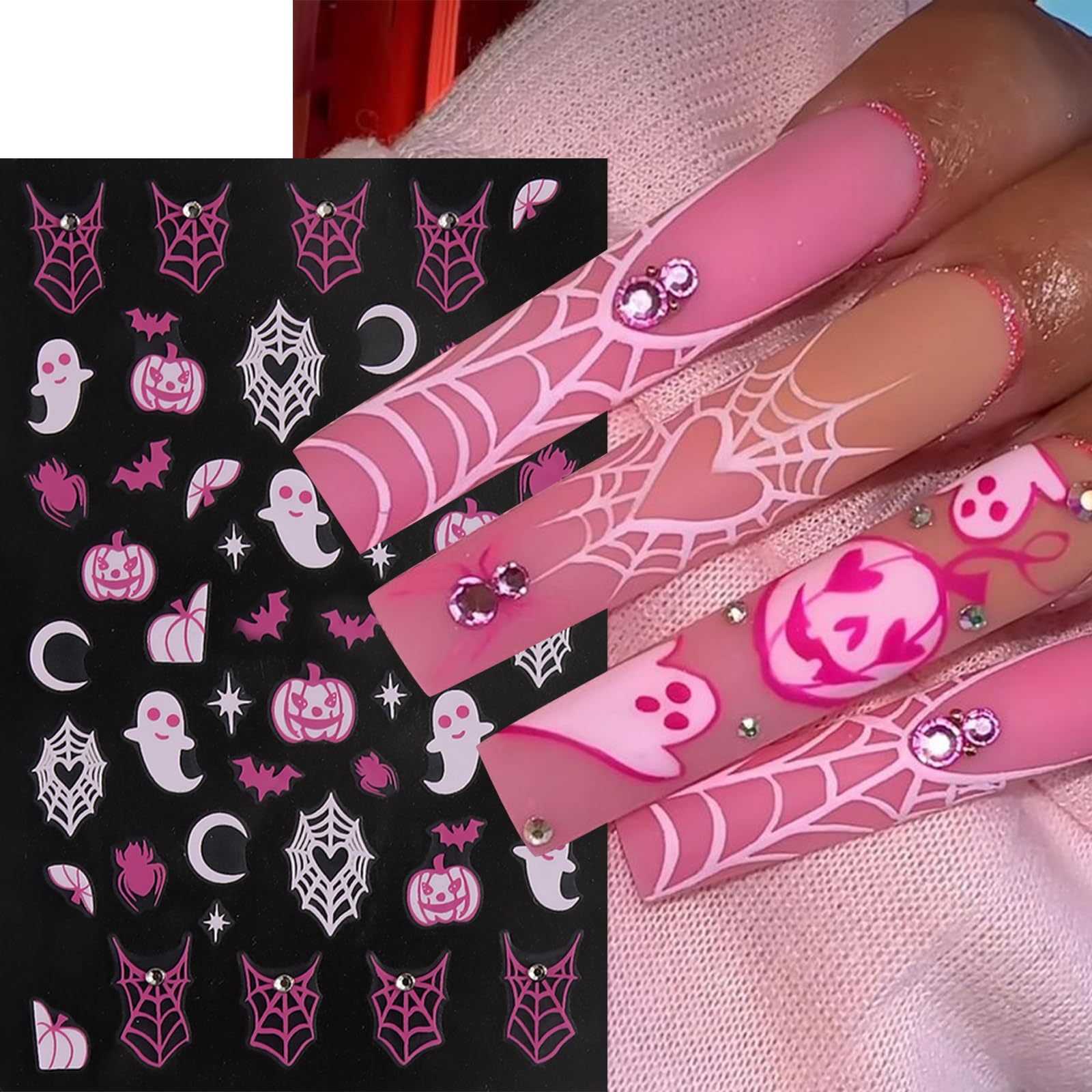 6Pcs Halloween Nail Stickers - 3D Self-Adhesive Ghost & Spider Web Nail Art Decals with Rhinestones | Pink & White Nail Design Supplies for Women | Perfect for Halloween Parties, Costume Nails & Spooky Manicure Decorations