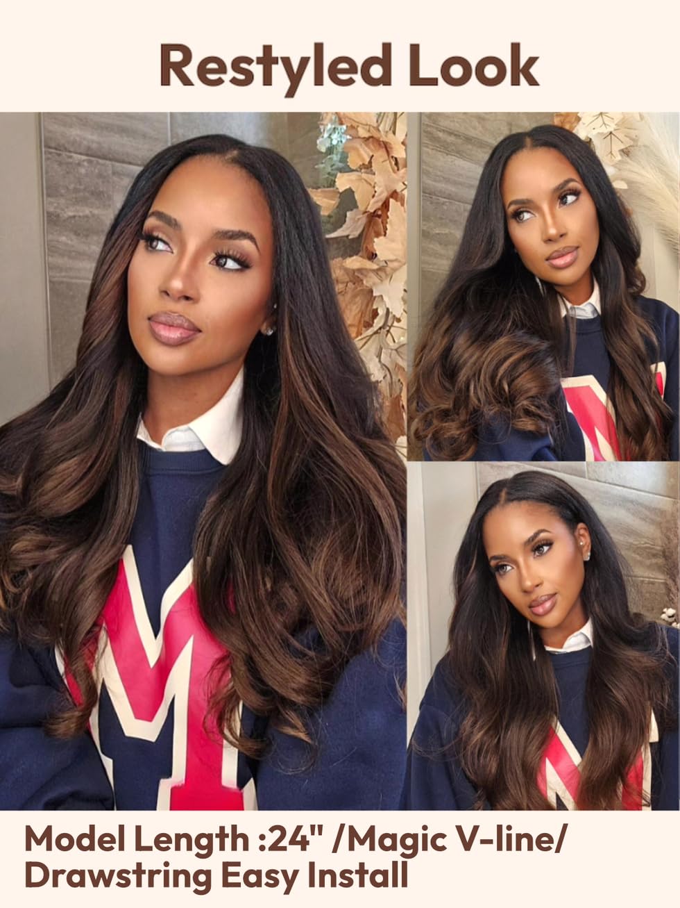 UNICE EasiContour Yaki Straight V Part Human Hair Wigs - 16 Inch 180% Density Glueless Clip-in with Drawstring, Black to Chestnut Brown Ombre | Perfect for Daily Wear, Cosplay & Special Occasions