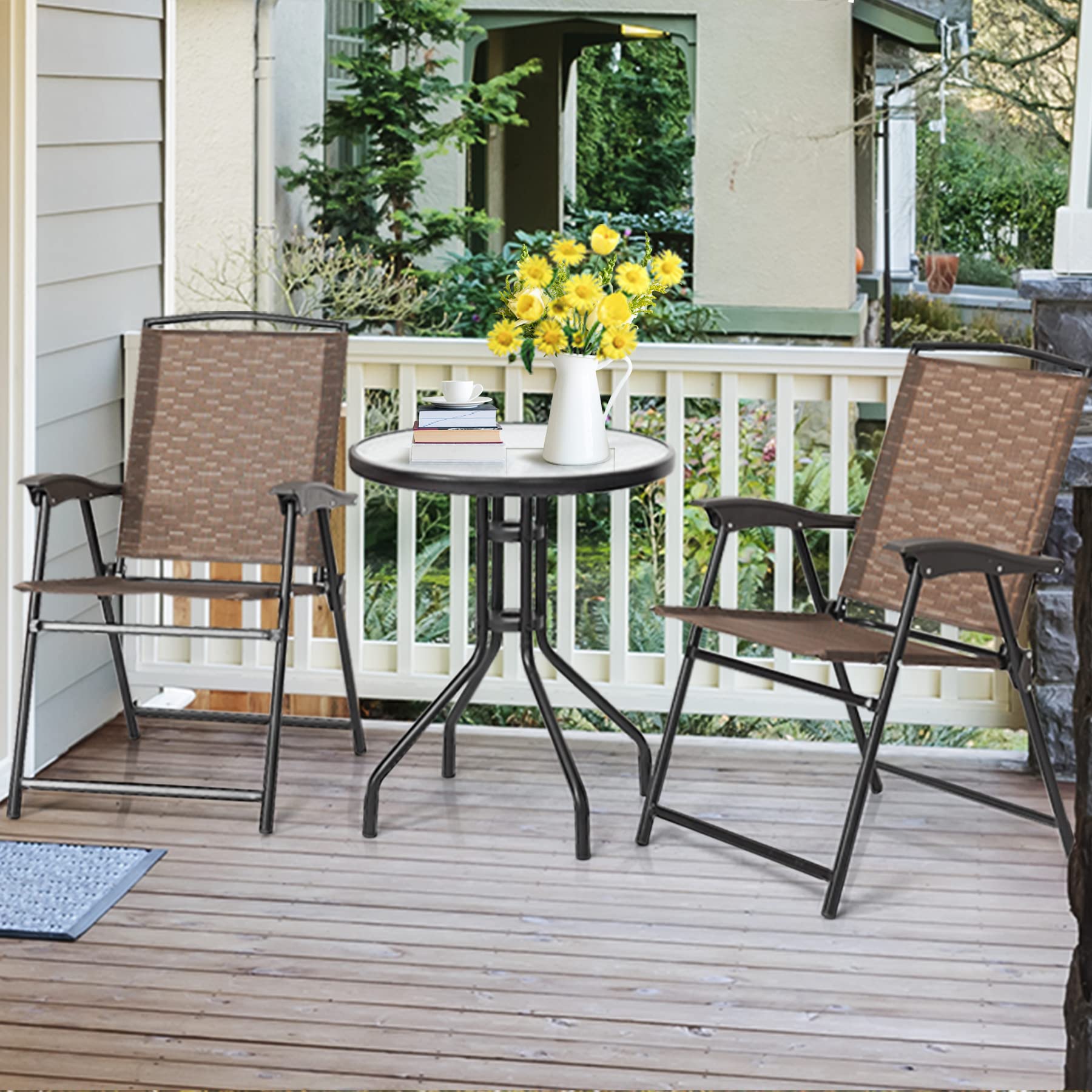 Tangkula 3-Piece Patio Bistro Set - Outdoor Folding Chairs & Tempered Glass Table for Garden, Poolside, Backyard - Perfect for Small Spaces, Balcony Dining & Outdoor Relaxation