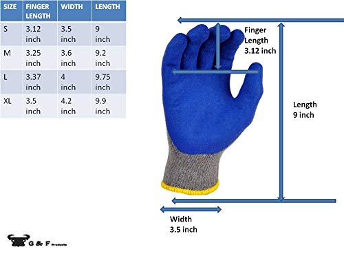 G & F Products - 3100S 12 Pairs Small Rubber Latex Double Coated Work Gloves for Construction, Gardening, Landscaping & Heavy Duty Tasks - Durable Cotton Blend Blue Gloves for Hand Protection