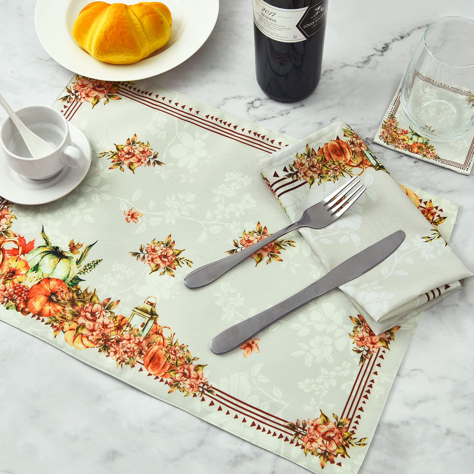 ASPMIZ 12-Piece Thanksgiving Placemat Set - Waterproof Floral Table Mats with Napkins & Coasters, Non-Slip Dining Table Decor for Fall & Autumn (12x18 Inch) - Perfect for Thanksgiving Dinner, Holiday Gatherings & Seasonal Home Decor