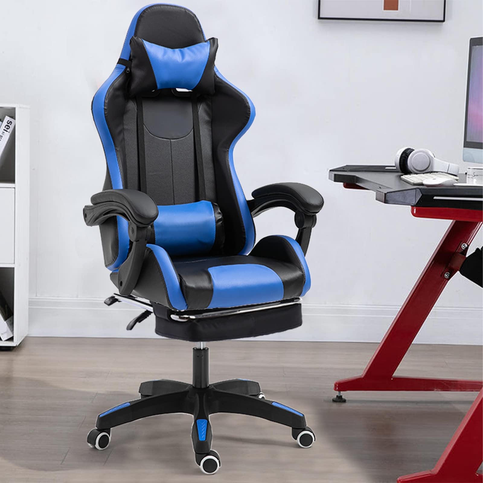 Huokan Ergonomic Gaming Chair with Footrest - Adjustable Reclining High Back Racing Style Office Chair, PU Leather, Lumbar Support & Massage Cushion, Swivel Rocker (Blue) - Perfect for PC Gaming, Home Office & Workstations