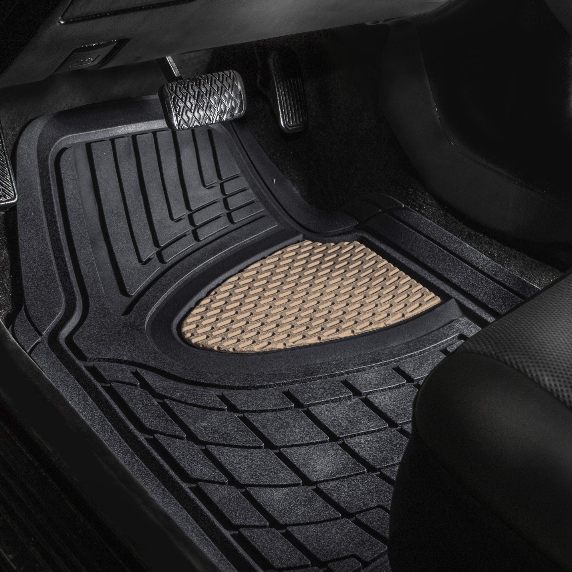 Premium FH GROUP Car Seat Covers with Tall Channel Rubber Trimmable Floor Mats & Snake Pattern Silicone Steering Wheel Cover - Universal Fit for Trucks, SUVs, Vans (Beige/Black) F11311 - Perfect for Off-Roading, Daily Commutes, and Family Road Trips