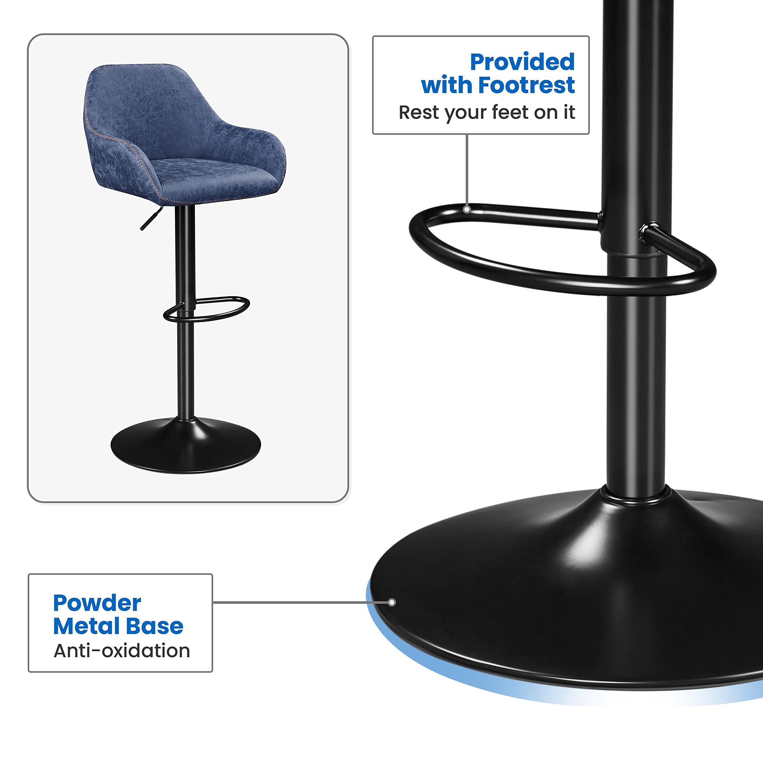 Yaheetech 4-Pack Adjustable Swivel Bar Stools with PU Leather Seat, Backrest & Footrest - Counter Height Kitchen Island Stools for Home, Restaurant & Bar - Modern Blue Bar Chairs for Dining & Entertaining
