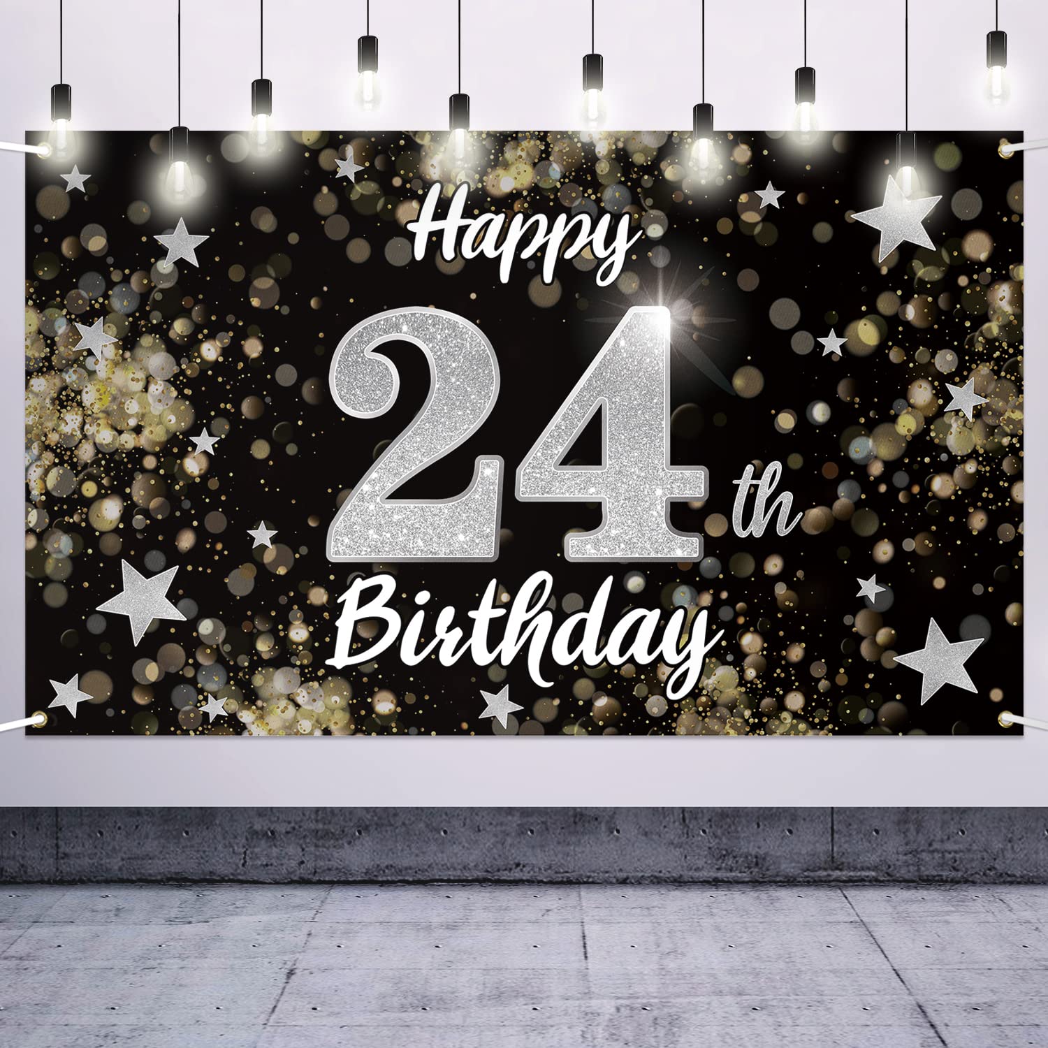24th Birthday Decorations - Black & Silver Dream Star Large Backdrop Banner for 24 Years Old Party | Perfect for Milestone Celebrations, Photo Booths & Birthday Party Decor