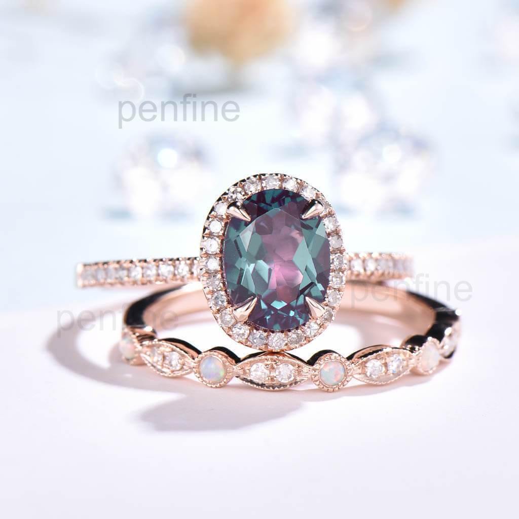 Alexandrite Engagement Ring & Wedding Band Set with Waverly Diamond Halo & Opal Accents - 2 Piece Bridal Jewelry Set for Proposals, Anniversaries & Special Occasions