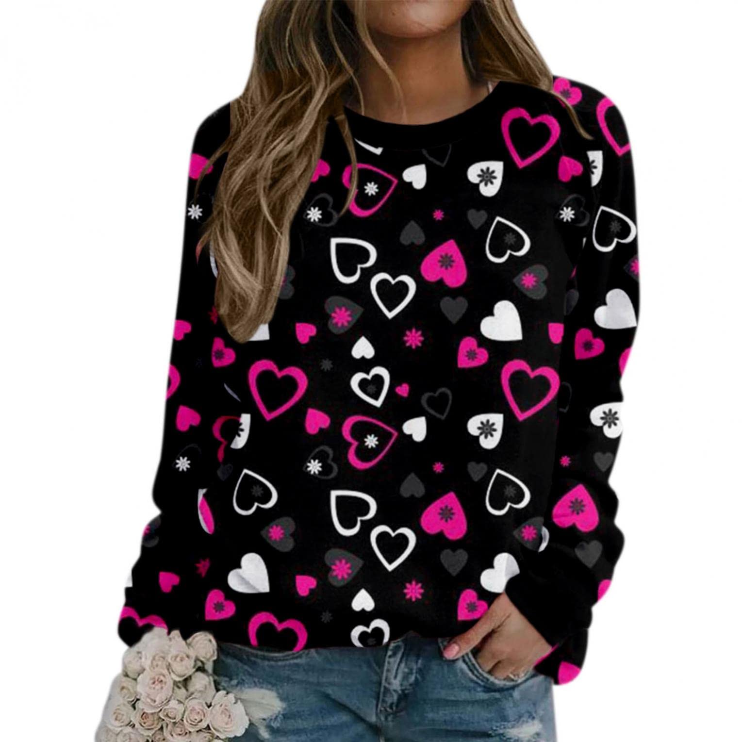 Women's Casual Long Sleeve Heart Print Sweatshirt - Cute Pullover Love Sweater Blouse for Women | Perfect for Valentine's Day, Date Night & Cozy Outfits