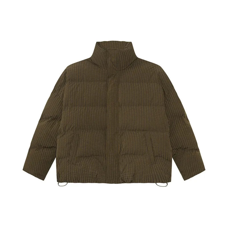 Vintage American Style Men's Cotton Plaid Stand Collar Drawstring Casual Loose Padded Jacket - Warm Winter Coat for Outdoor Activities & Streetwear Fashion