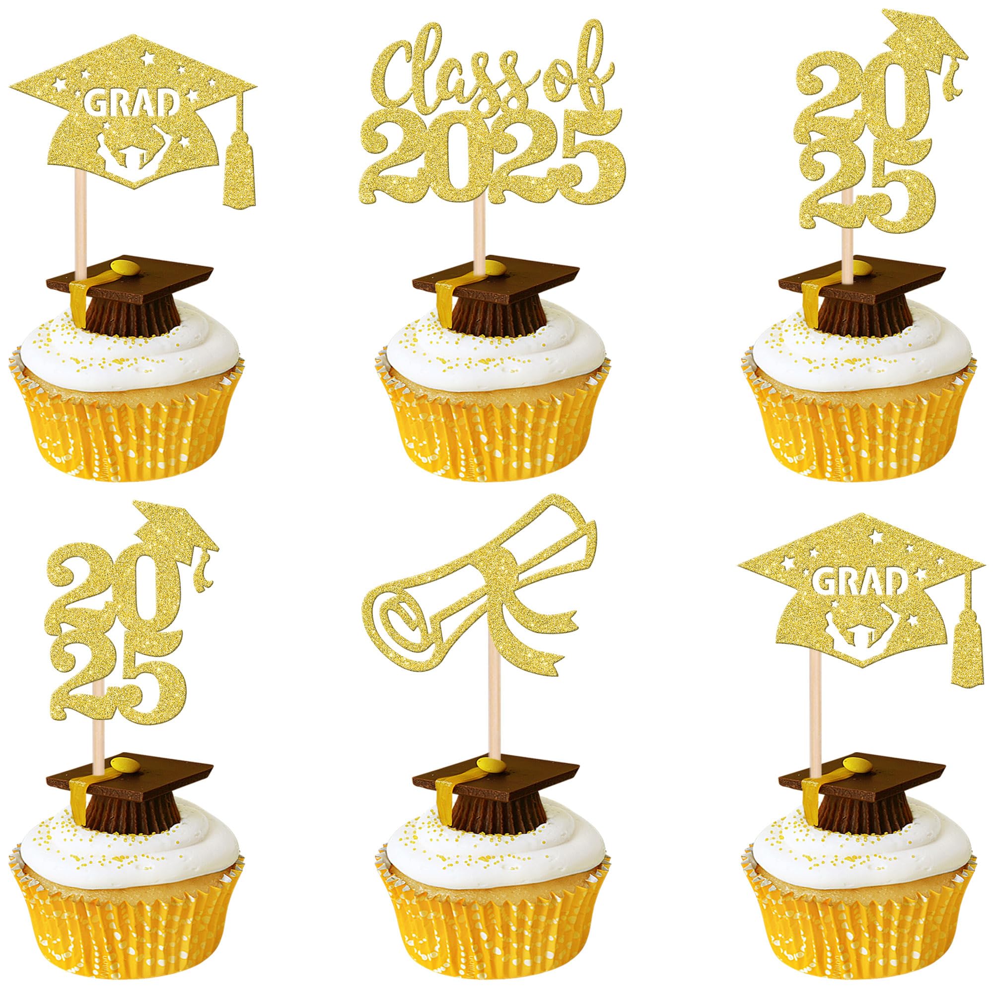 24-Piece Class of 2025 Graduation Cupcake Toppers Set - Glitter Diploma & Cap Cake Decorations for 2025 Graduation Party Supplies (Gold) - Perfect for Graduation Cakes, Cupcakes, and Dessert Tables