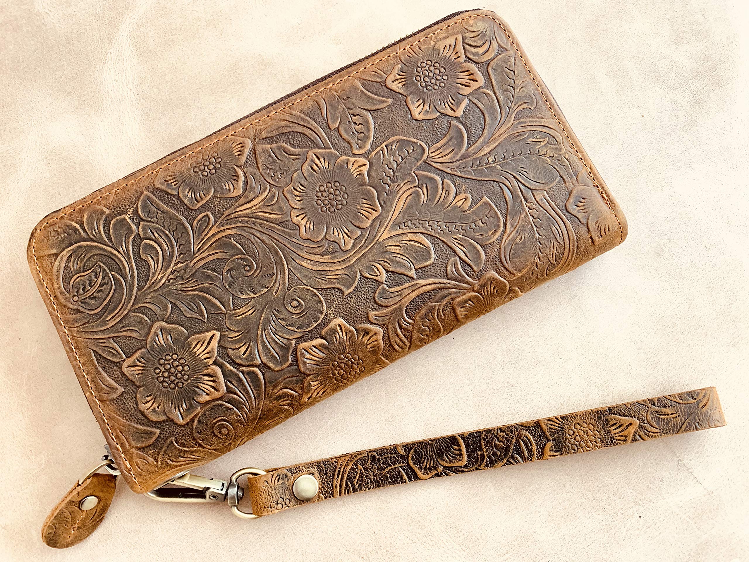 Women's Leather Wallet Organizer with Zipper - Long Floral Wristlet Wallet for Everyday Use, Travel & Gift Giving