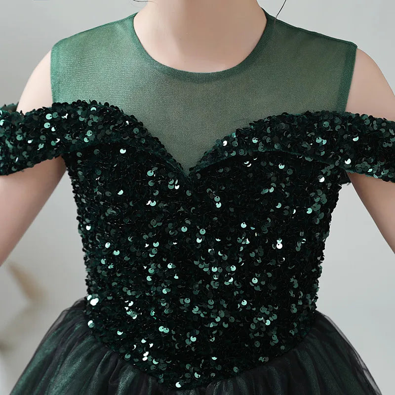 Elegant Girls Formal Party Gown - Long Tulle Flower Girl Dress with Sparkling Sequins | Perfect for Weddings, Pageants & Special Occasions