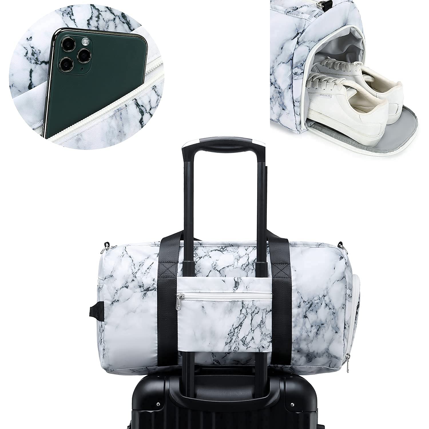 Premium Gym Duffle Bag for Men & Women - Large Sports Travel Duffel with Shoe Compartment & Wet Pocket - 19.7x9.5x9.9 Inches (Marble-White) - Ideal for Gym, Workout, Travel & Sports Gear Storage