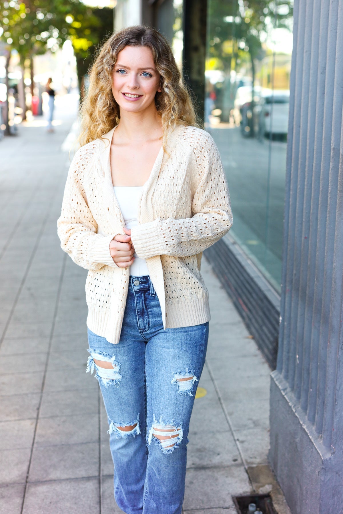 Follow Me Oatmeal Pointelle Knit Button Down Cardigan - Cozy Women's Sweater for Fall & Winter | Perfect for Office, Date Night & Casual Outfits