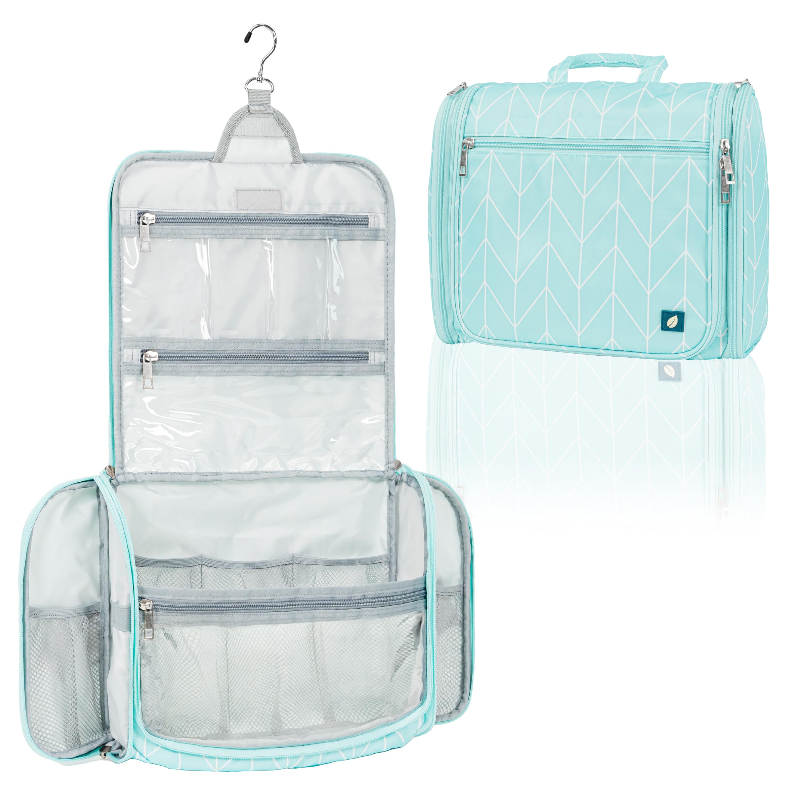 PAVILIA Large Waterproof Hanging Toiletry Bag for Women & Men - Travel Cosmetic Organizer with Multiple Pockets, Makeup Bag & Toiletries Case - Perfect for Vacation, Gym, Camping & Business Trips (Teal Chevron Pattern)