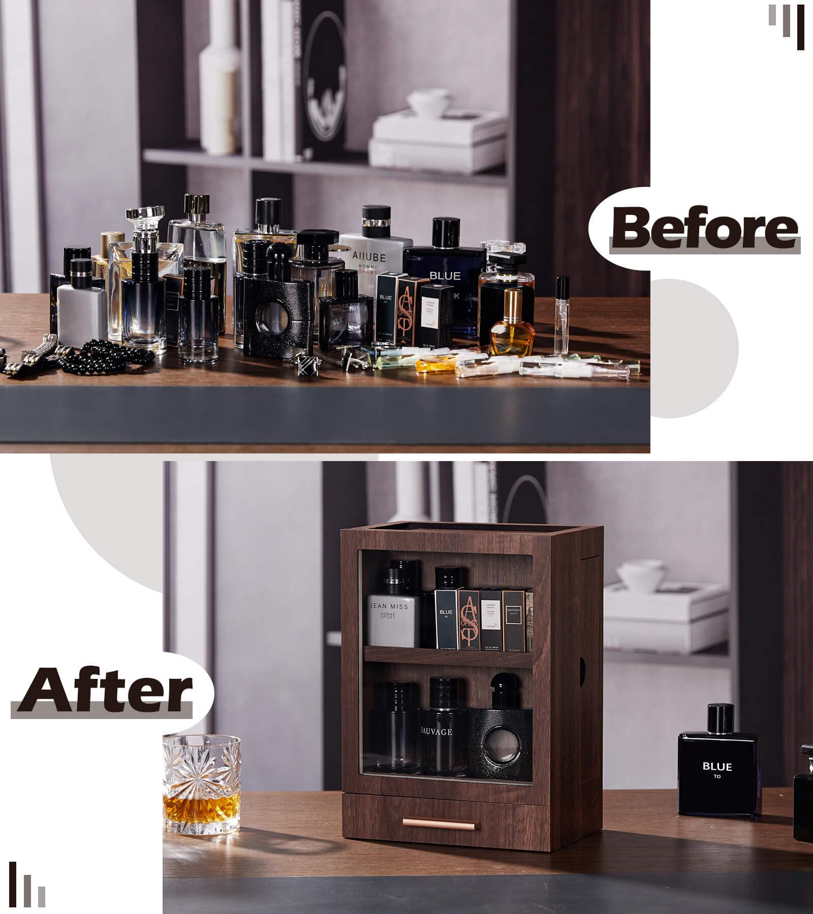 Premium Wooden Cologne Storage Organizer with 3 Drawers - Luxury Men's Fragrance Display Case for Home & Bathroom - Perfect for Vanity, Dresser, and Gift Giving