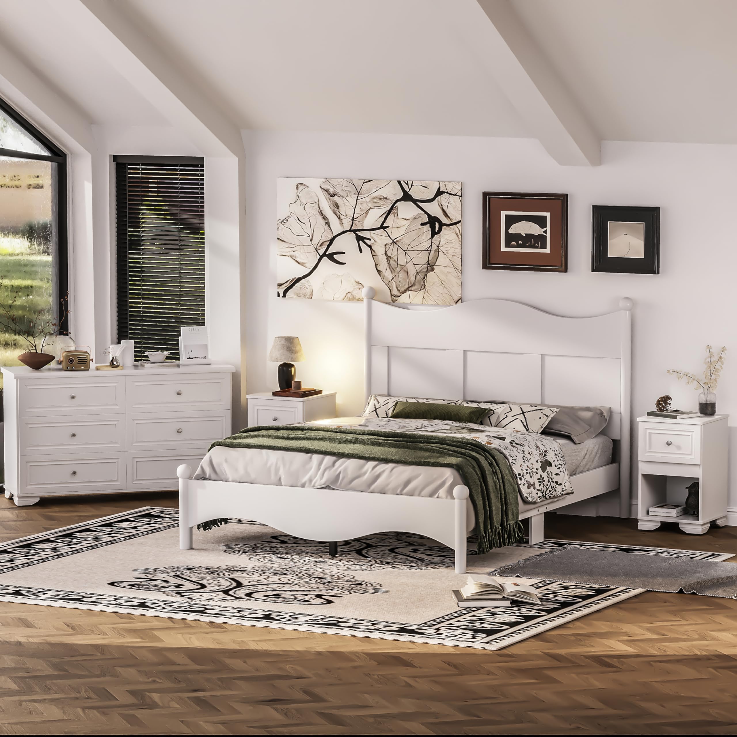 4-Piece Queen Bedroom Set with Storage - Wood Bed Frame, Nightstand & Dresser with Metal Handles (White) | Complete Bedroom Furniture for Master Bedroom, Guest Room & Small Spaces