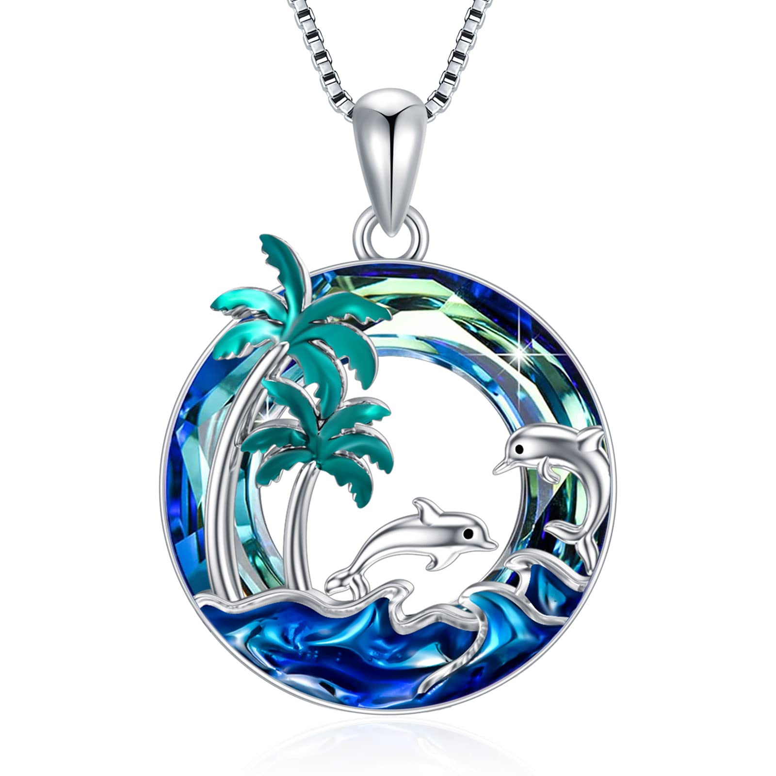 Sterling Silver Dolphin Palm Tree Conch Necklace - S925 Ocean Jewelry for Women & Girls - Perfect Beach Vacation Gift & Summer Accessory