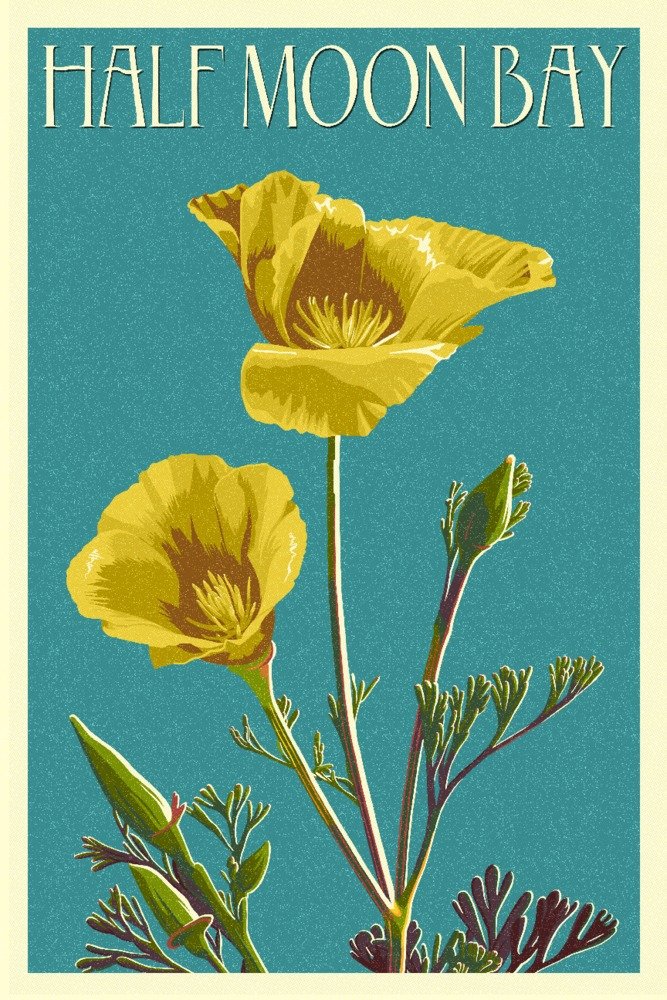 Half Moon Bay California Poppy Letterpress Art Print - 12x18 Inch Wall Decor Poster for Living Room, Bedroom & Office