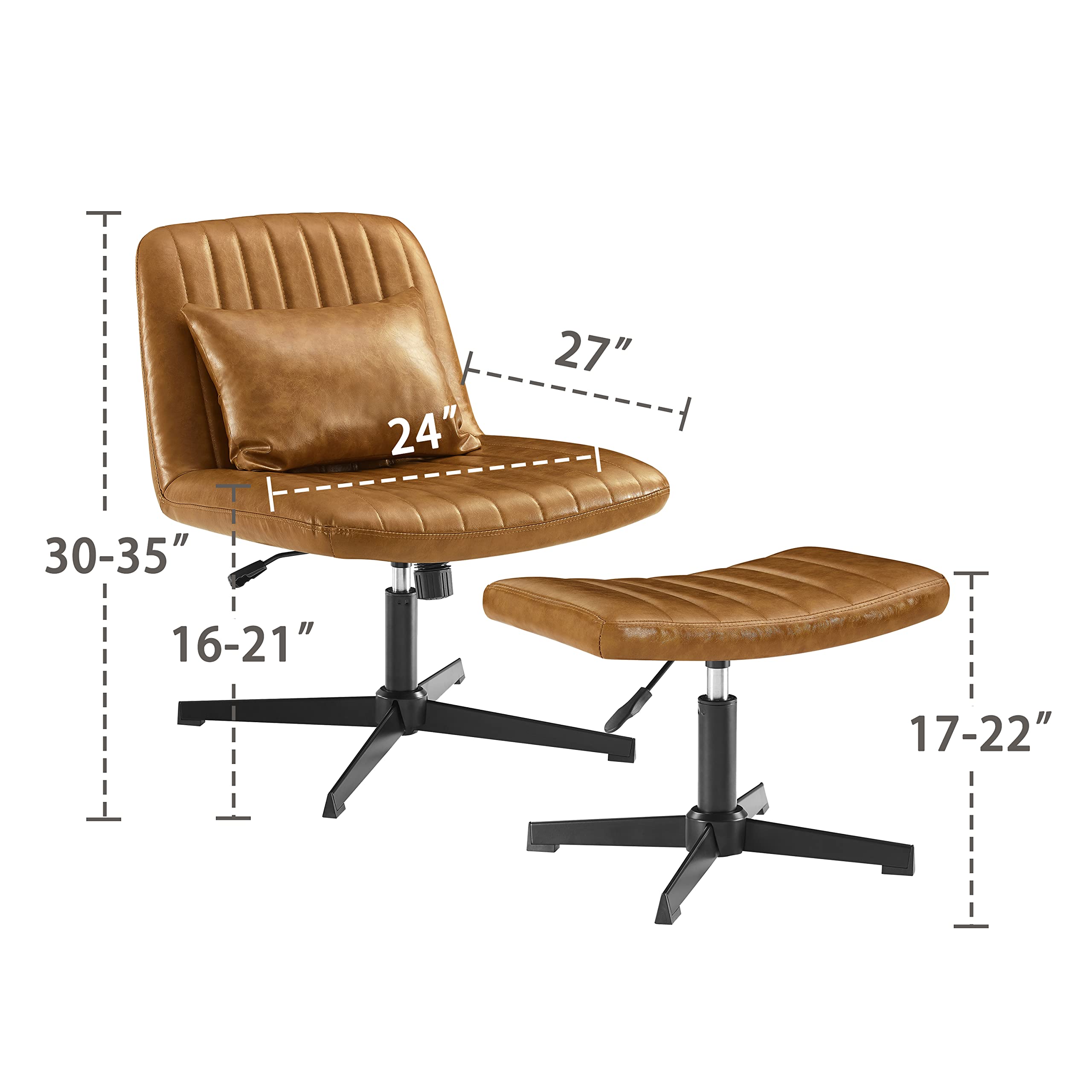 Zouron 360° Swivel Accent Chair with Ottoman - Adjustable Height PU Leather Modern Club Chair, Upholstered Leisure Chair with Black Metal Legs for Office, Bedroom & Living Room - Brown | Perfect for Home Office, Reading Nook & Lounge Areas