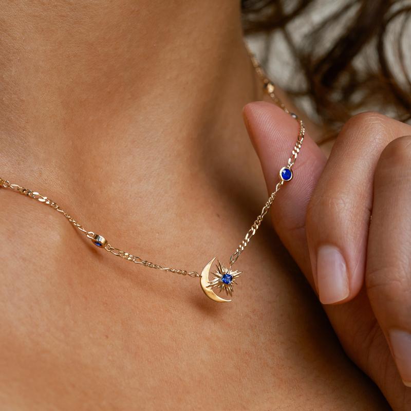 Moon and Star Charm Sapphire Starburst Necklace - Elegant Celestial Jewelry for Women | Perfect for Date Nights, Weddings & Special Occasions