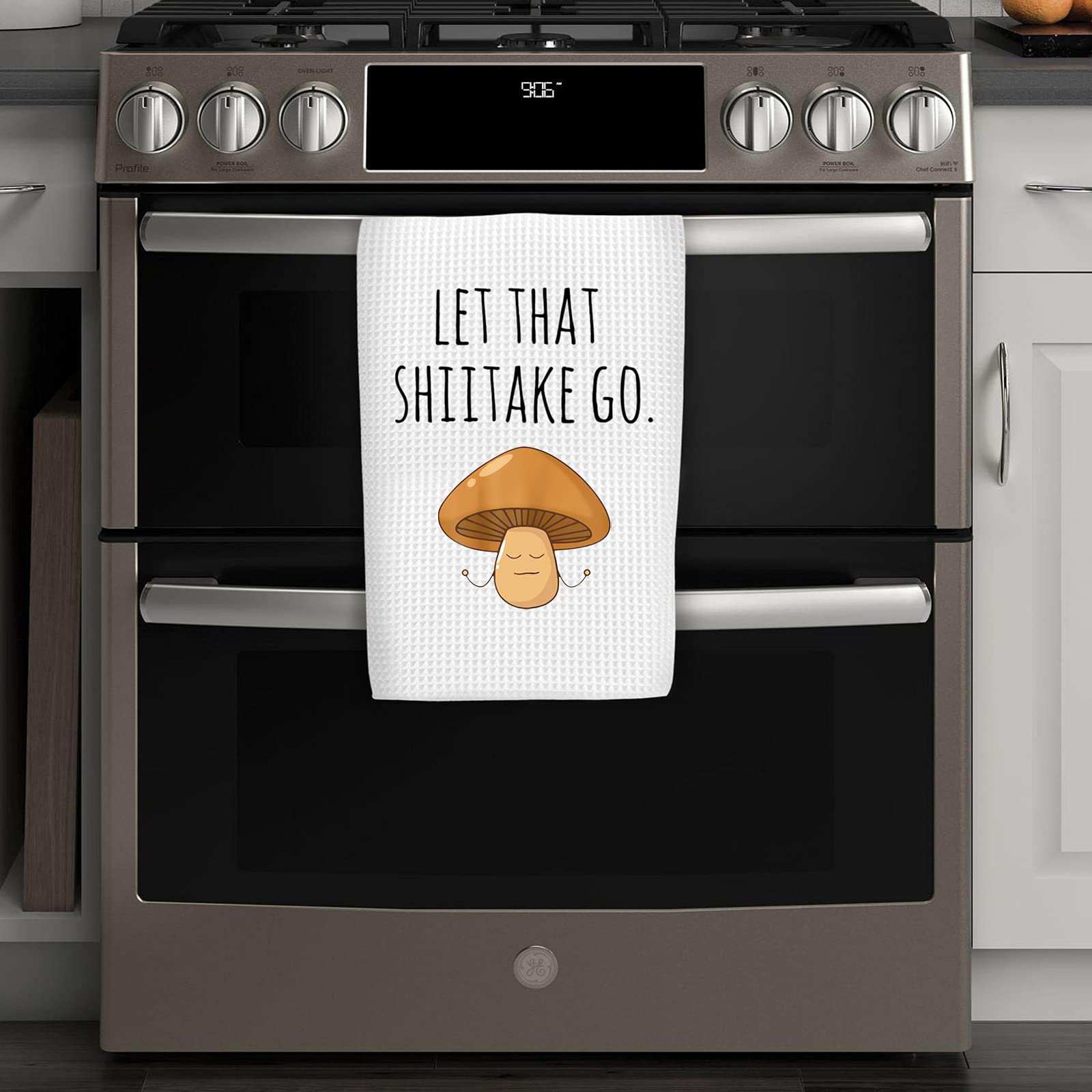 Funny Mushroom Kitchen Towel - Let That Shiitake Go Pun Dish Towel | Waffle Weave Absorbent & Durable | Perfect Housewarming Gift for Food Lovers & Home Cooks | Great for Cooking, Baking & Kitchen Decor