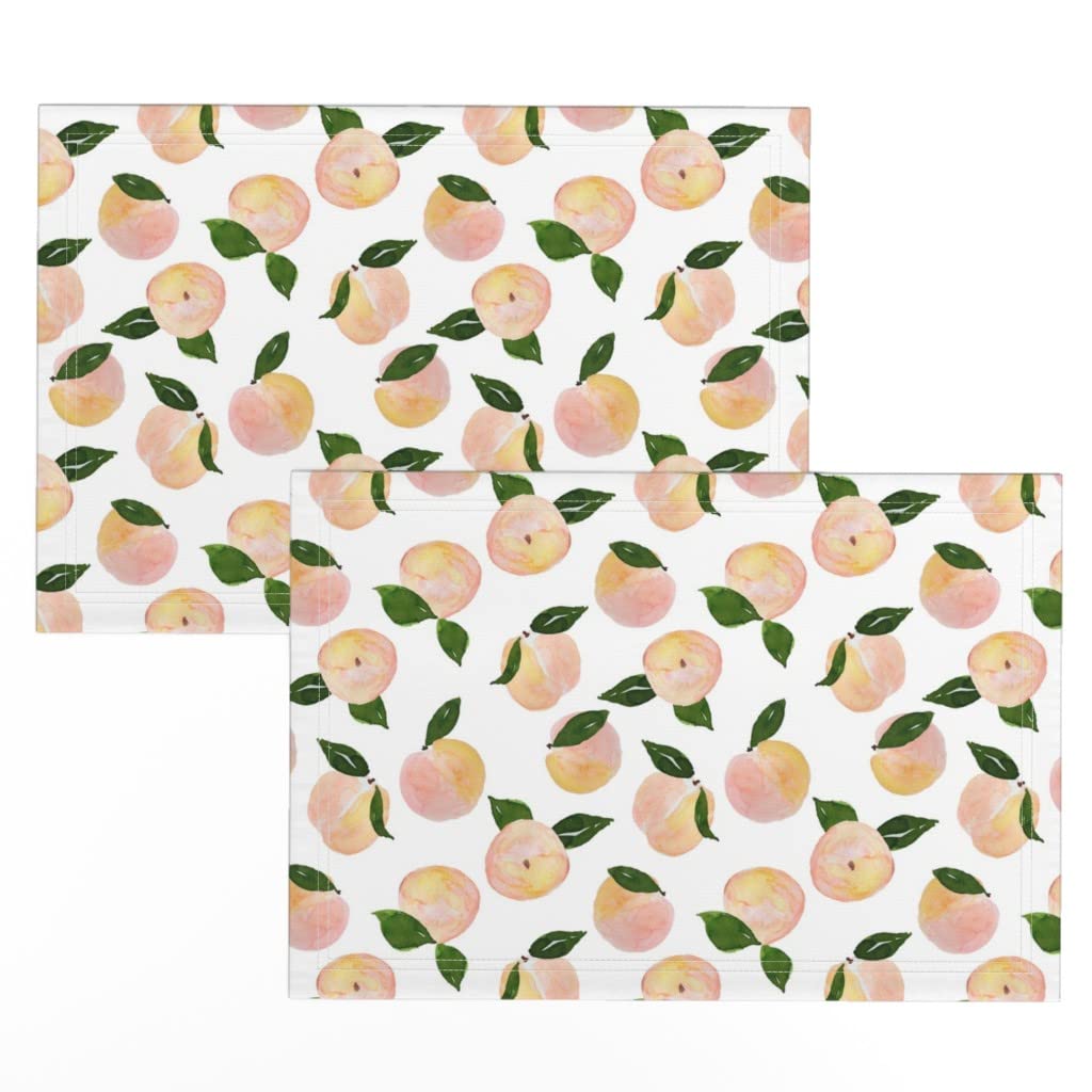 Linen Cotton Canvas Placemats Set of 2 - Watercolor Peaches Pastel Summer Fruit Bohemian Style Table Mats for Dining, Kitchen, Nursery or Garden Party Decor