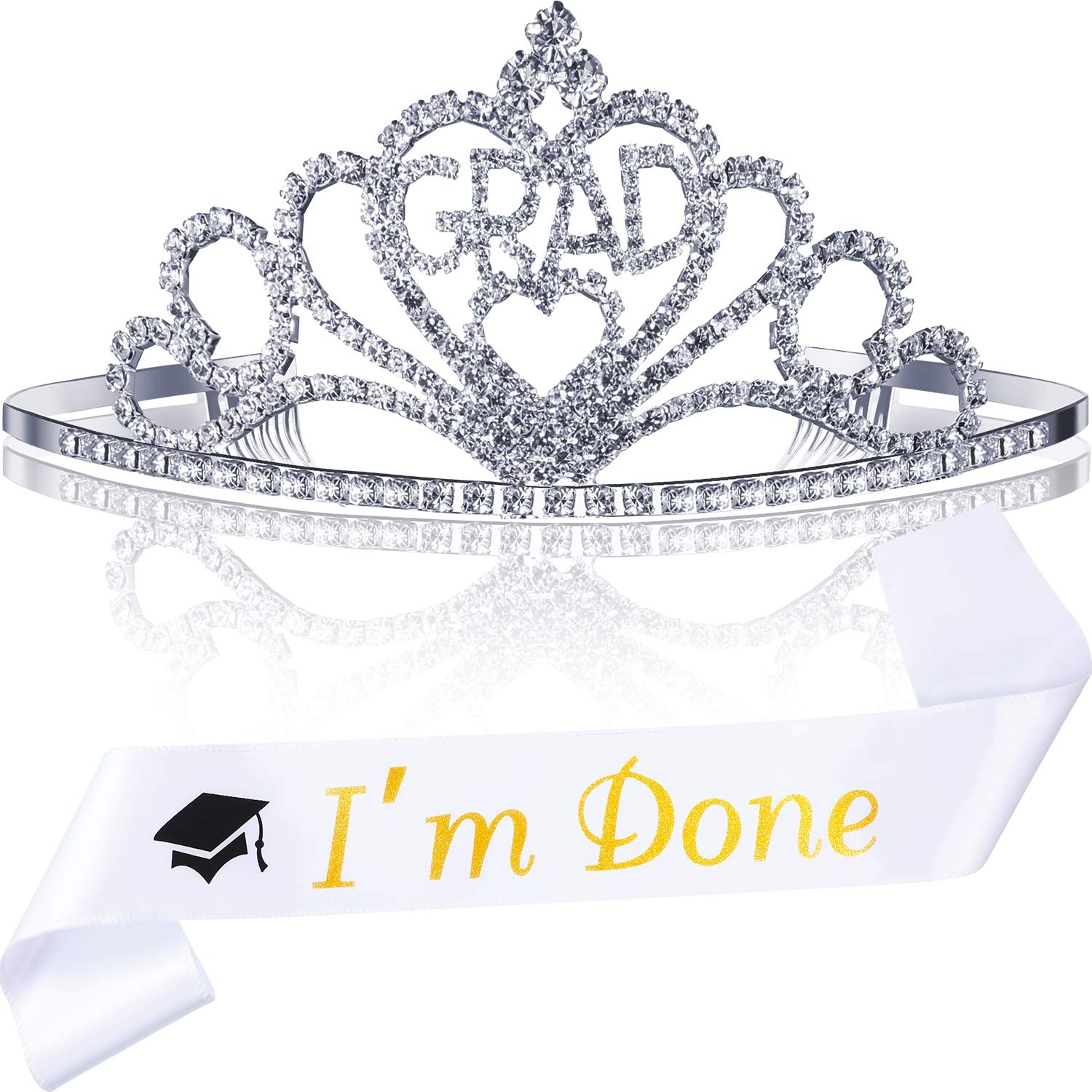 Chinco 2025 Graduation Party Supplies Kit - Glitter Metal Graduation Crown Tiara & Sash Set - Perfect Graduation Decorations & Party Favors - Ideal for High School/College Graduation Ceremonies & Photo Shoots (White 'I'm Done')