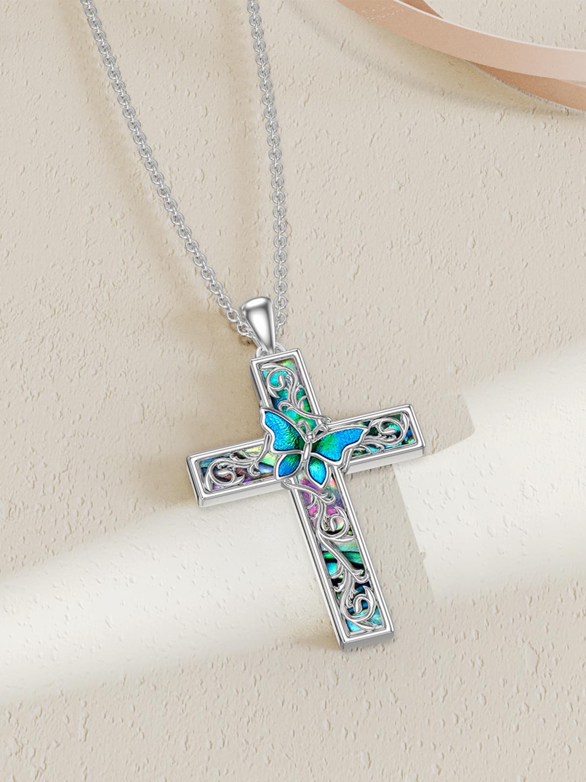 WINNICACA Sterling Silver Cross Necklace with Abalone Shell - Butterfly, Dragonfly, or Ladybug Pendant - Elegant Jewelry Gift for Women & Girls (Birthday, Anniversary, Christmas) - Perfect for Everyday Wear, Special Occasions & Gift Giving