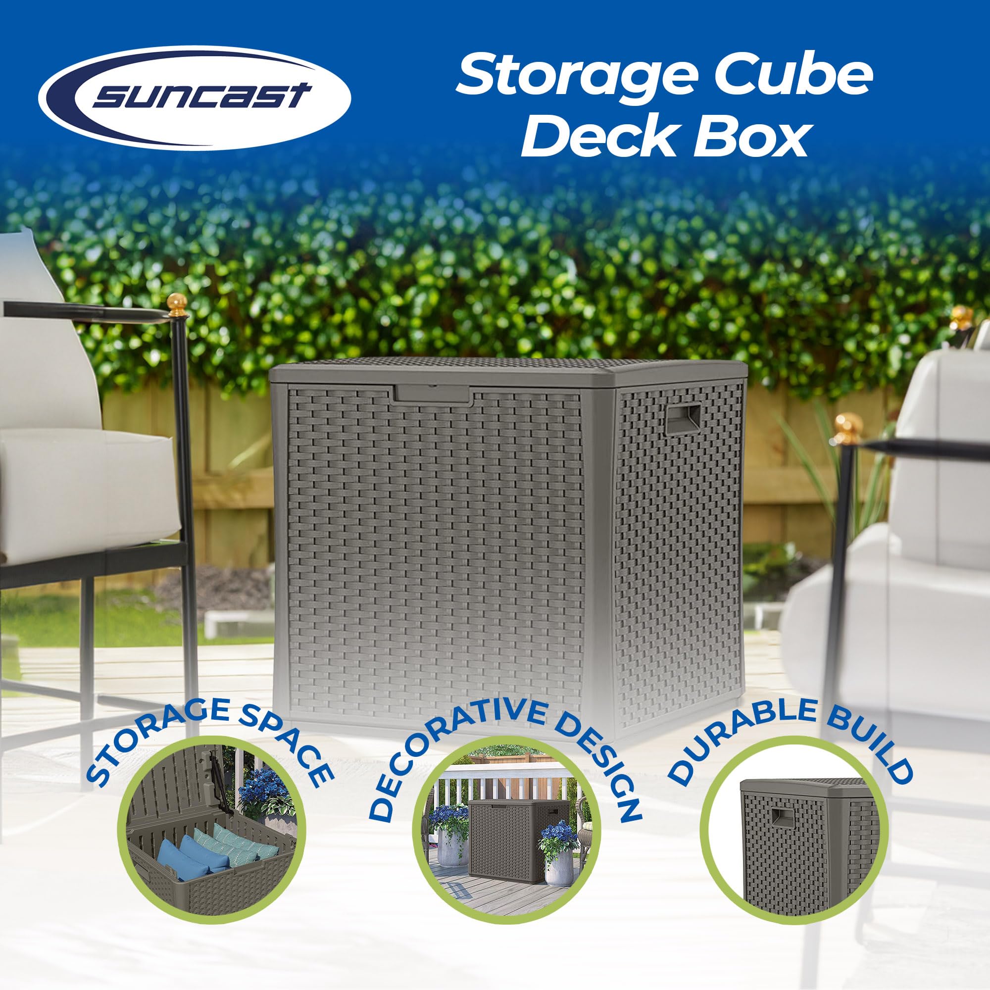 Suncast 60 Gallon Outdoor Weather-Resistant Hard Plastic Storage Deck Box with Handles & Lid - Perfect for Patio, Garden, Shed Organization (Stoney Gray) | Ideal for Storing Cushions, Pool Toys & Outdoor Gear