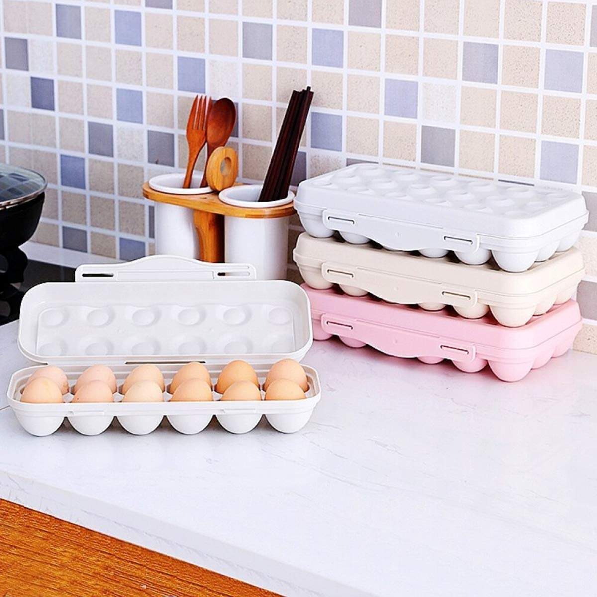 SHIDHMI 12-Compartment Refrigerator Egg Holder - Plastic Egg Storage Container with Lid for Kitchen, Fridge - Light Cream Pink | Perfect for Organizing Eggs, Deviled Eggs & Snacks in Refrigerator