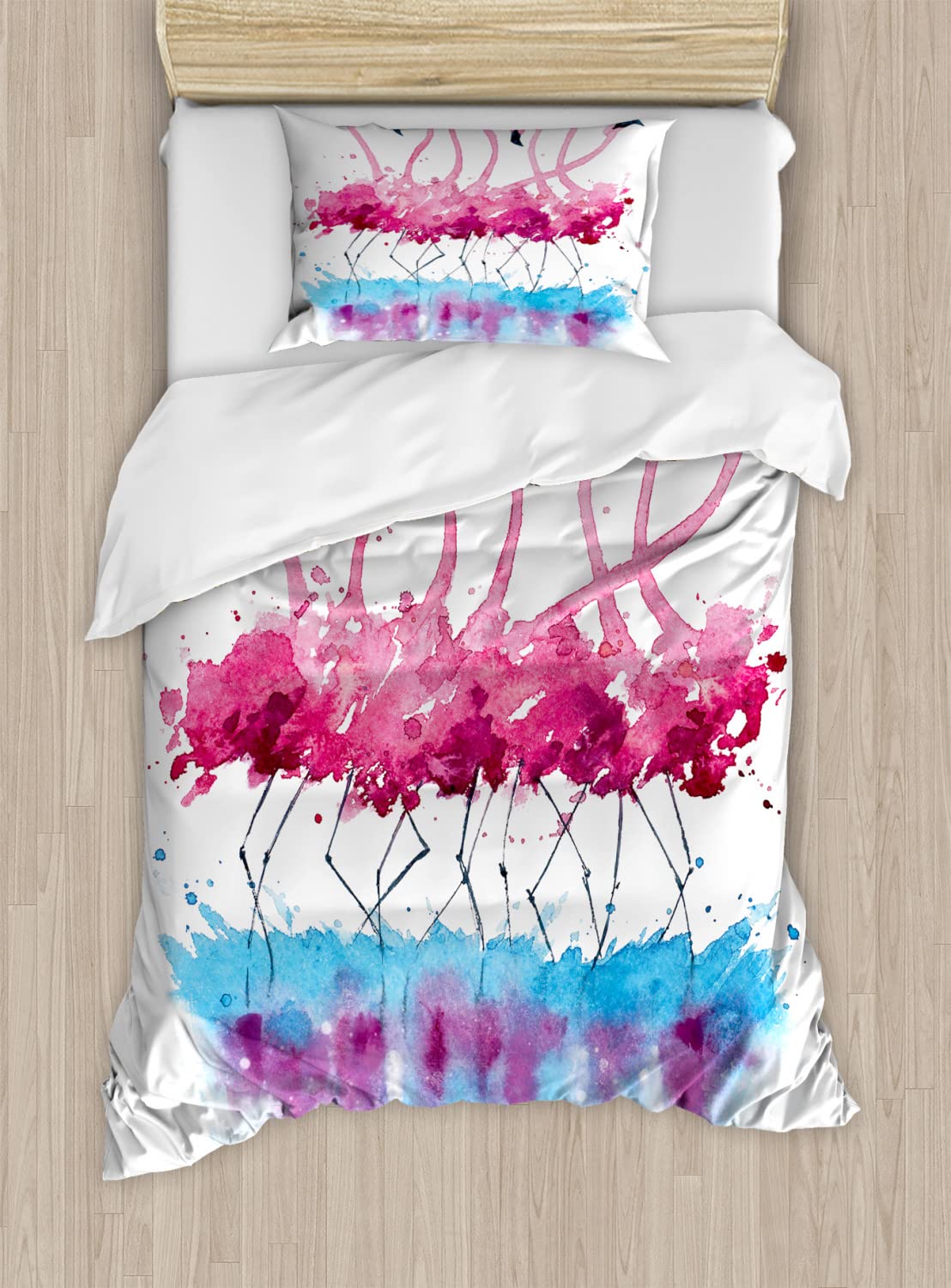 Ambesonne Flamingo Love Birds Duvet Cover Set - Queen Size 2-Pack with 2 Duvet Covers & 4 Pillowcases, Watercolor Feather Romance Design in Pink & Blue - Perfect for Master Bedroom, Guest Room & Bohemian Home Decor