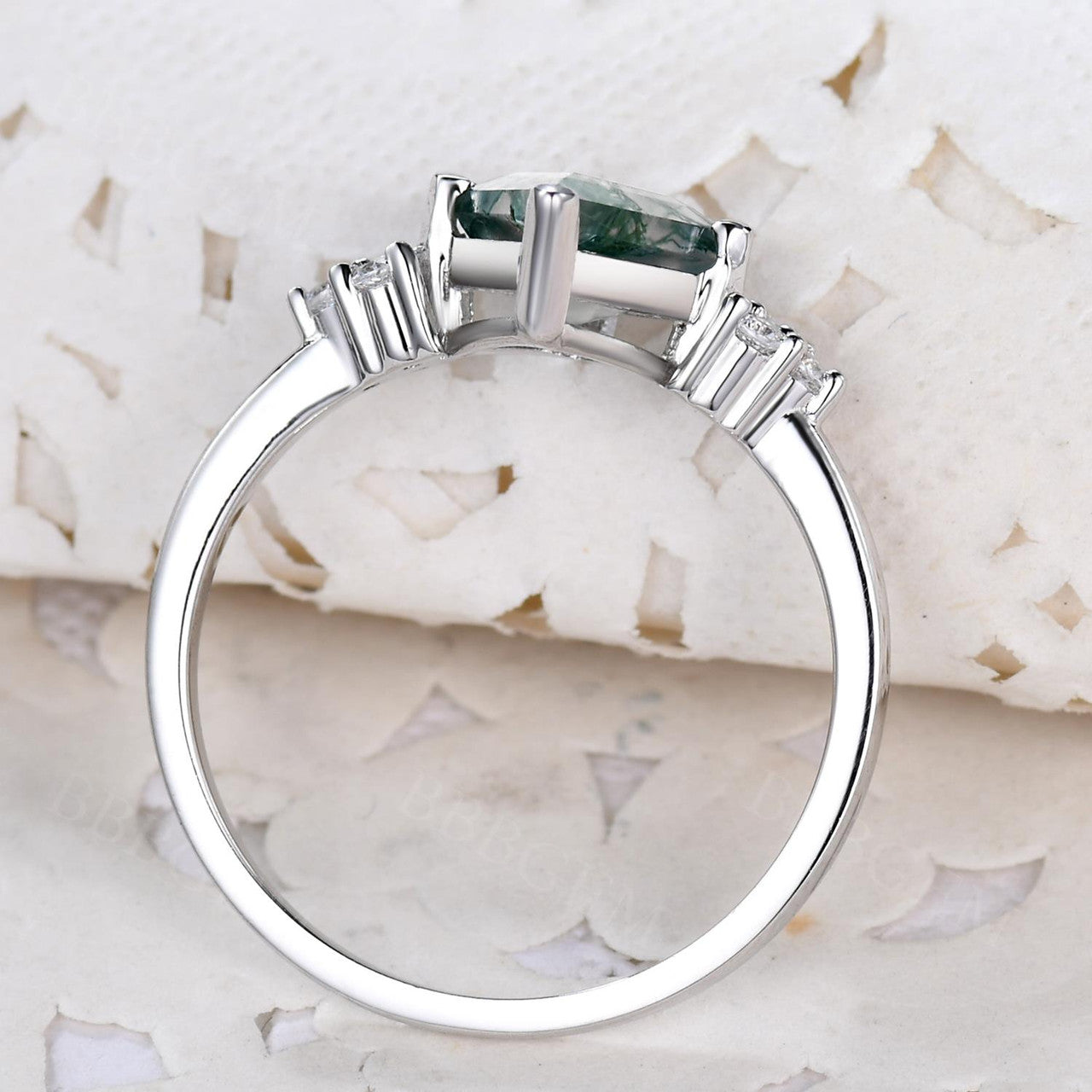 Vintage Kite-Shaped Natural Moss Agate & Diamond Engagement Ring in 14K White Gold - Perfect for Romantic Proposals, Anniversaries & Unique Bridal Jewelry