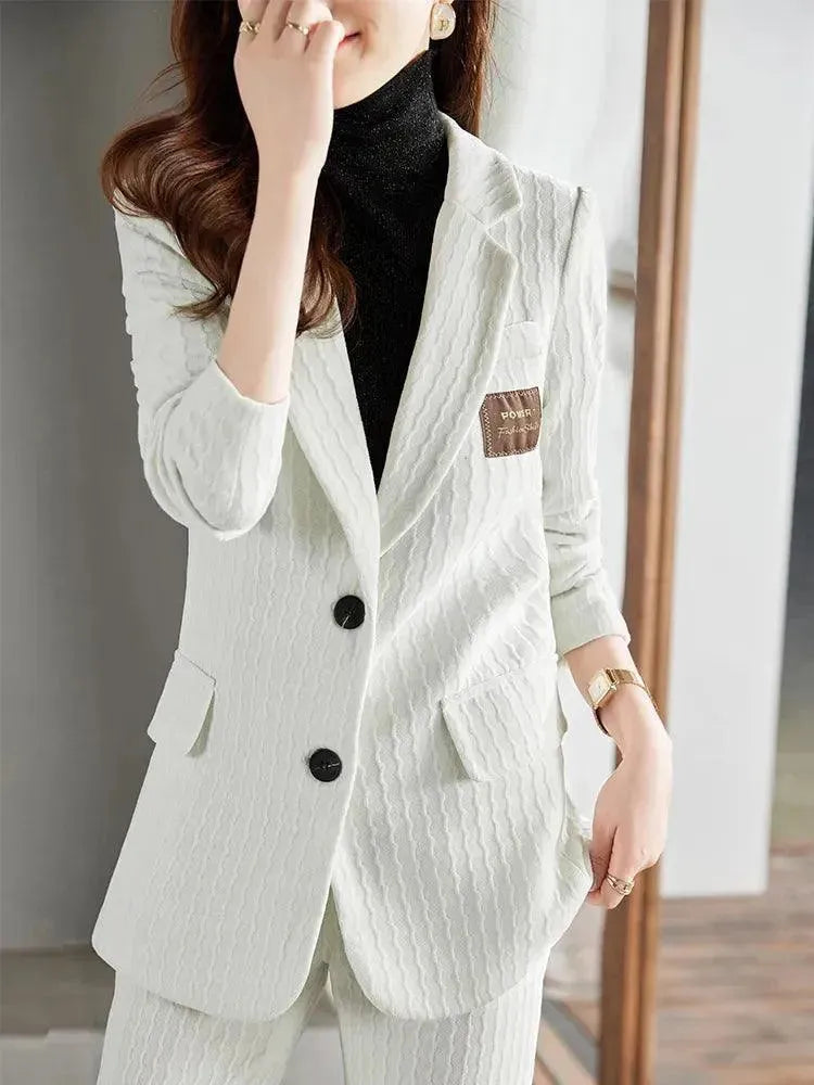 Elegant Women's Pant Suit with Embroidered Chest Badge - Professional Office Wear & Formal Business Attire for Women