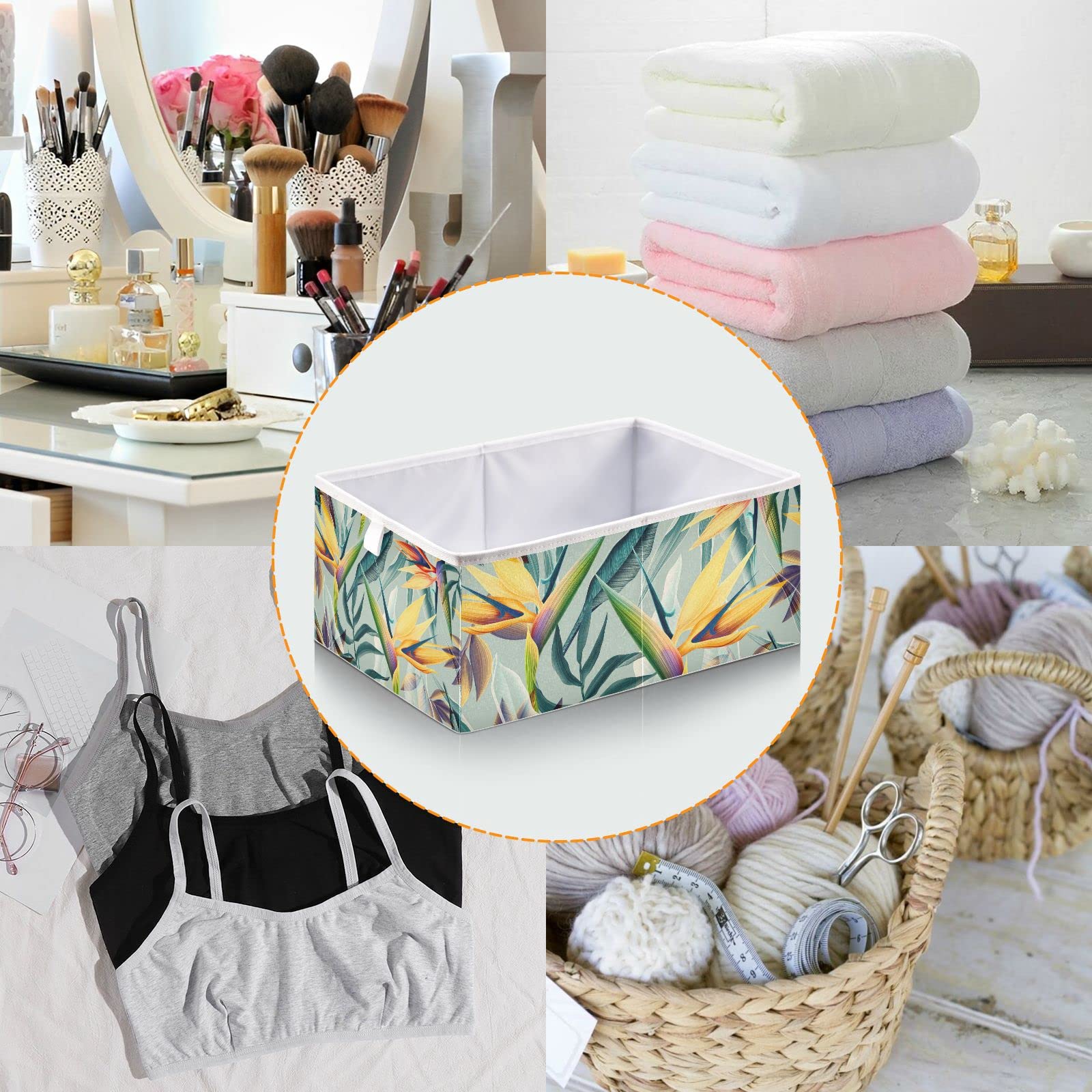 Seamless Tropical Flower Plant Leaf Square Collapsible Storage Bins | Foldable Toy Nursery Basket with Handles | Cloth Cube Organizer for Shelves & Closet | Perfect for Home Organization, Kids Room & Closet Storage