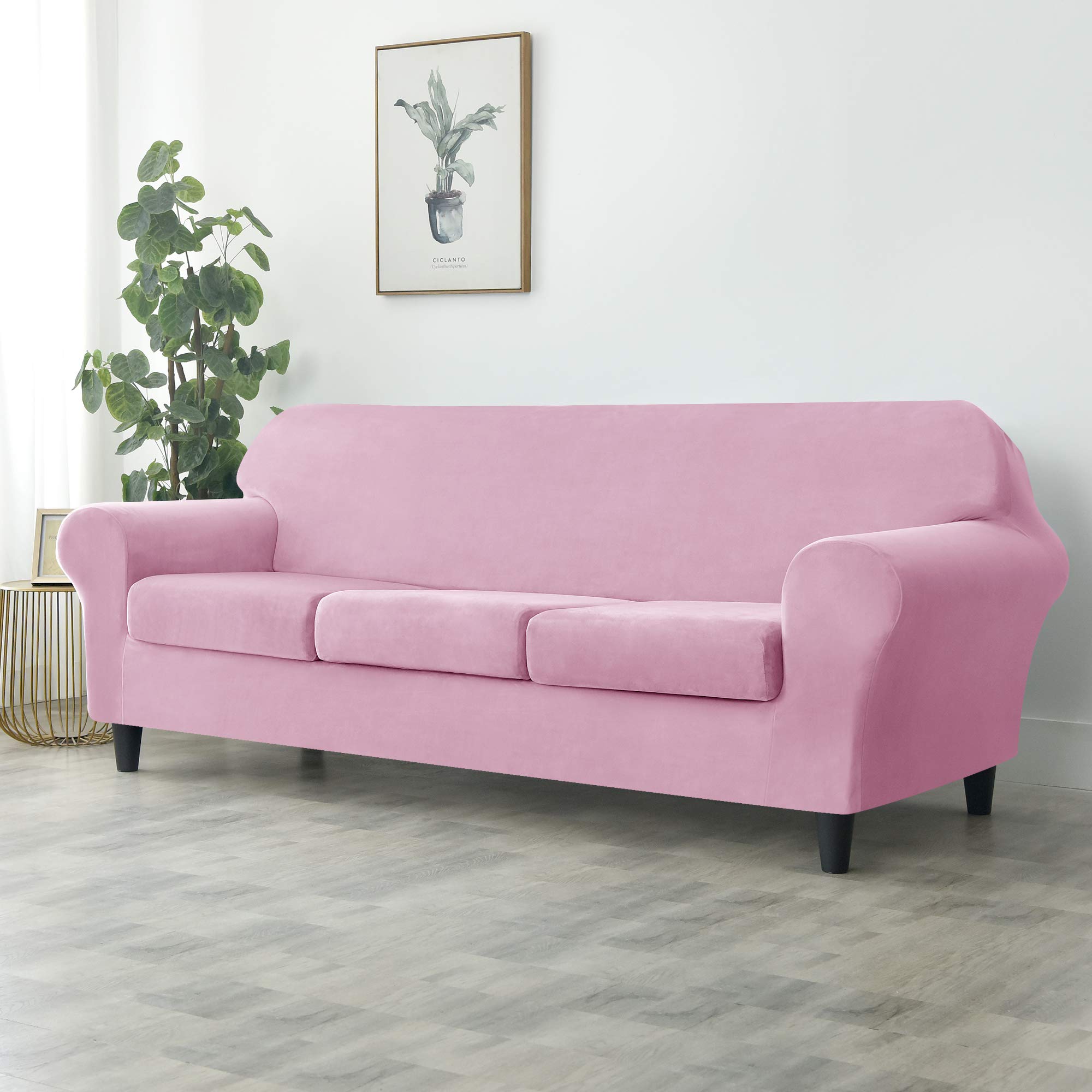 CONRUSER Stretch Sofa Slipcover - Soft Velvet Couch Cover for 3-Cushion Sofa, Thick Furniture Protector for Pets & Kids (Pink, Large Size) | Perfect for Living Room, Family Room & Pet-Friendly Homes
