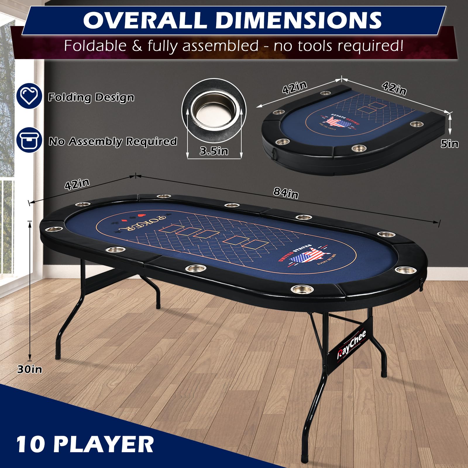 84 Inch Foldable Poker Table for 10 Players - Casino Grade Felt, Padded Rails & Cup Holders - Portable Texas Holdem & Blackjack Table - No Assembly Required (Black) - Perfect for Home Games, Casino Nights & Poker Tournaments