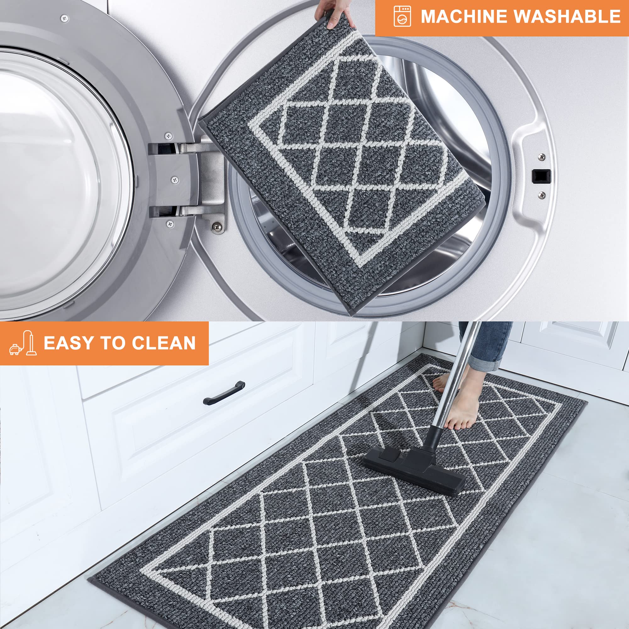 BEQHAUSE Non-Slip Kitchen Rugs - Machine Washable Floor Mats with TPR Backing, 2-Piece Grey Runner Set (24x35in & 24x60in) - Perfect for Kitchen, Dining Area, and Entryway