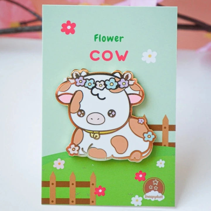 Vintage Brown Flower Cow Enamel Pin - Cute Cartoon Animal Brooch for Backpacks, Jackets & Denim - Unique Gift for Cow Lovers & Pin Collectors
